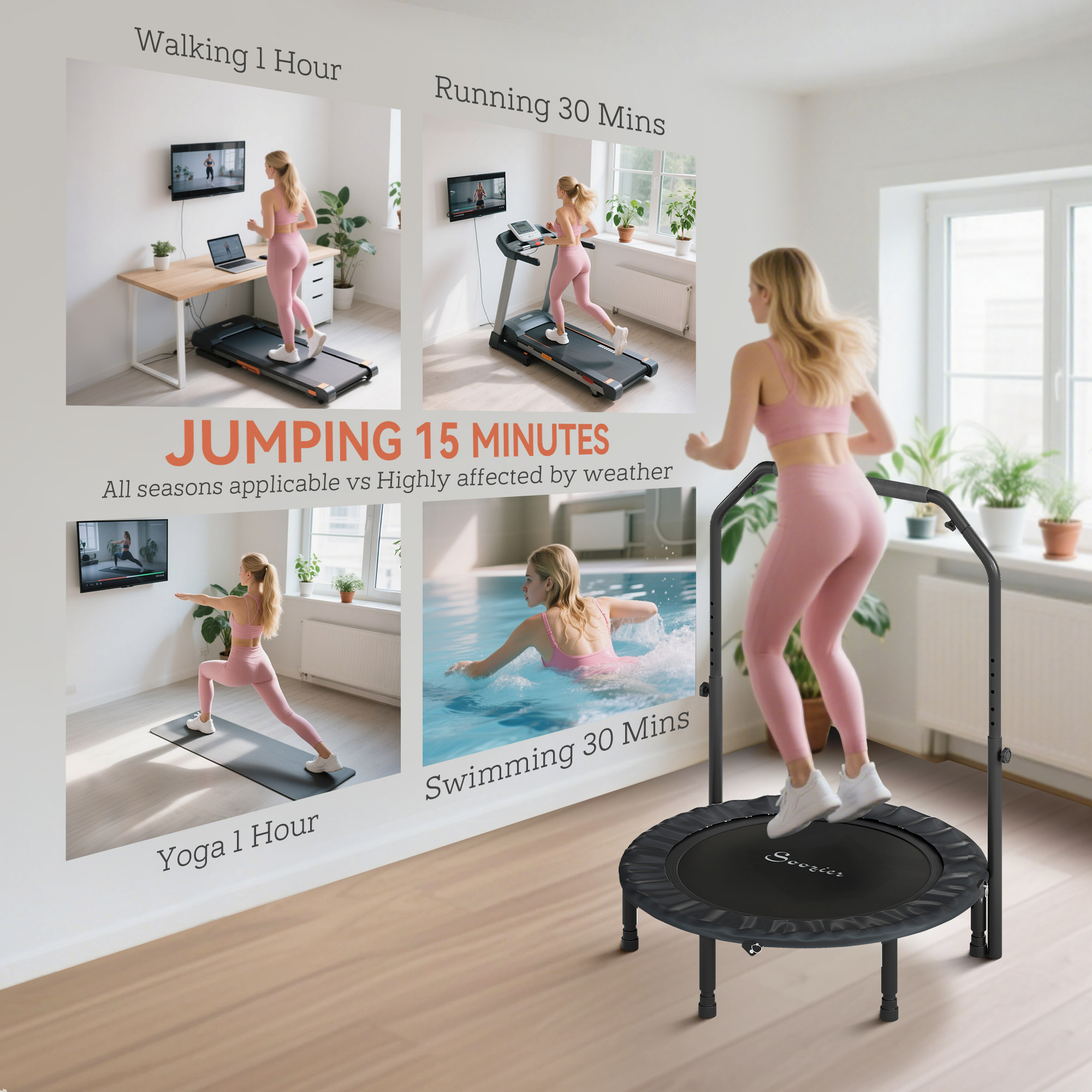 40" Foldable Mini Trampoline, Rebounder Trampoline for Adults with Adjustable Foam Handle, Black