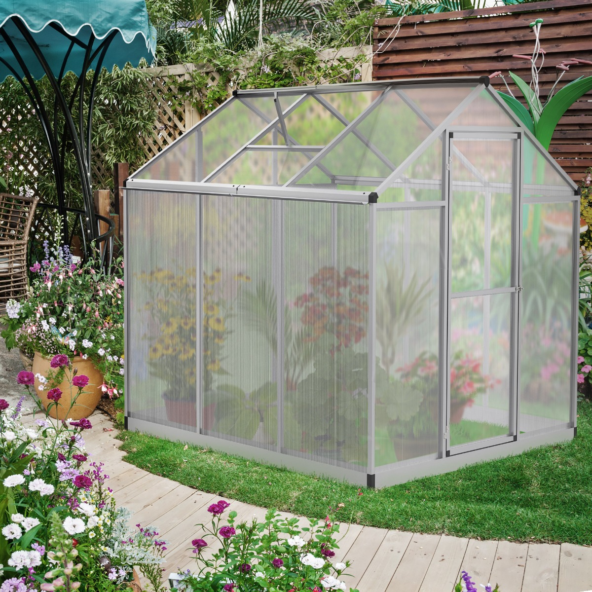 Greenhouse Portable Outdoor Walk-In Greenhouse with Roof Vent and Rain Gutter for Plants, Herbs and Vegetables - 6' L x 6' W x 6.4' H - Image 1