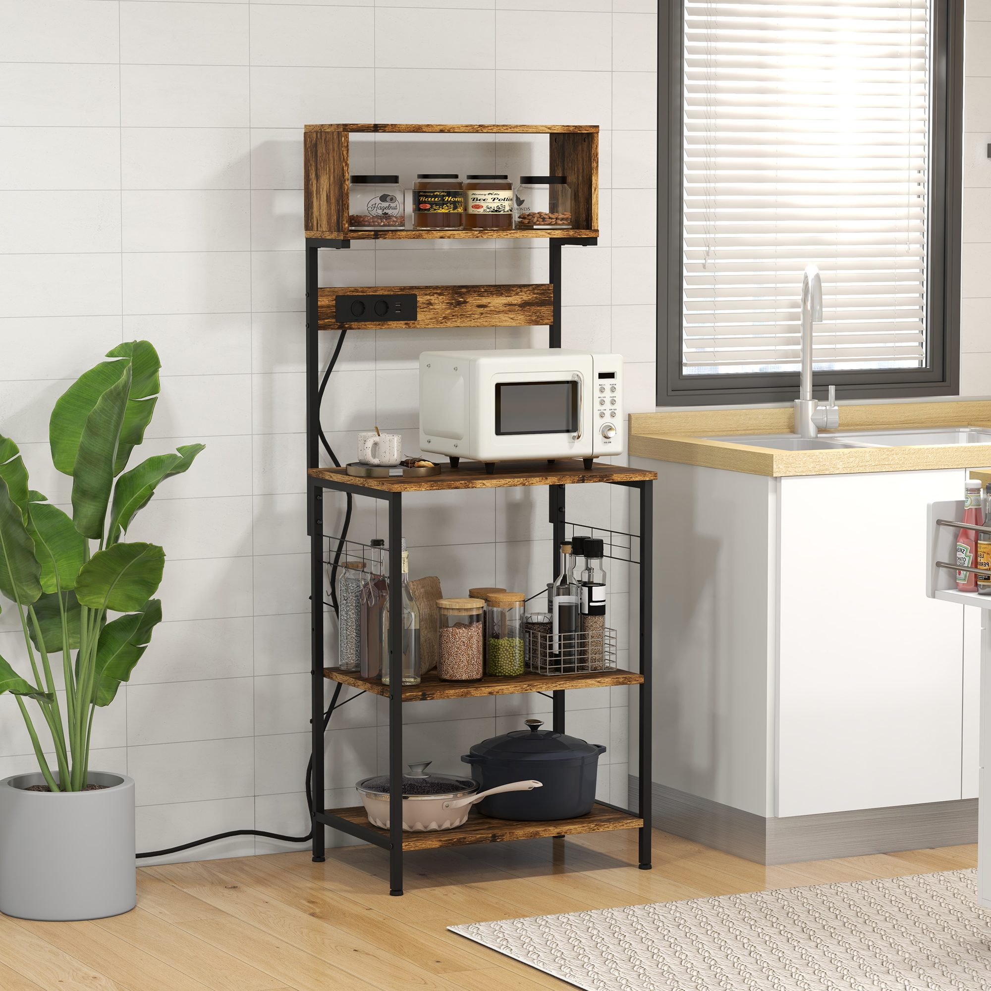 Kitchen Bakers Rack with Power Outlet, USB Charger, Microwave Stand, Coffee Bar