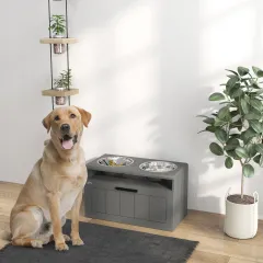 Elevated Dog Bowls, Large Breed Raised Dogs Bowl Stand with 2 Stainless Steel Bowls, Storage Drawer and Slow Feeder Mat - Grey - View 1