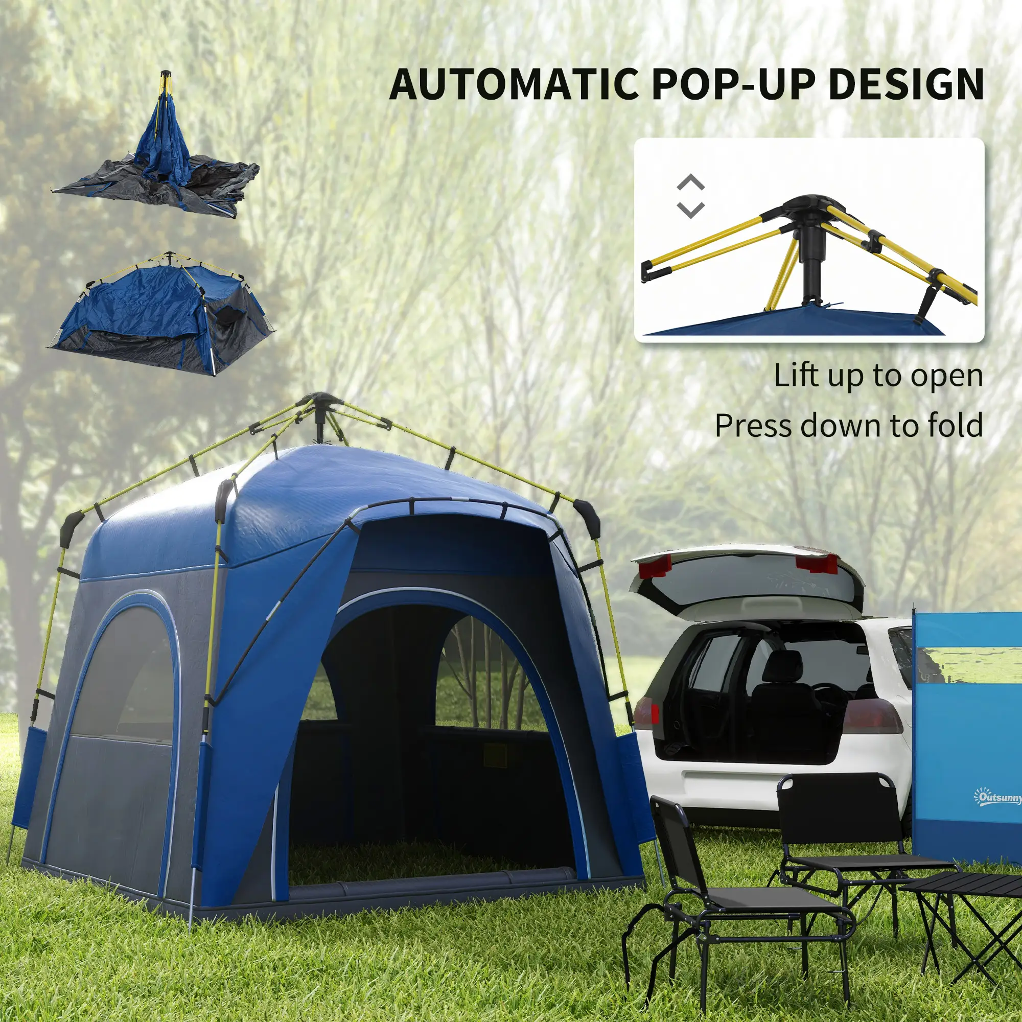3 Person Pop Up Camping Tent Quick Setup Automatic Hydraulic Family Travel Tent w/ Windows Doors Carry Bag, Blue