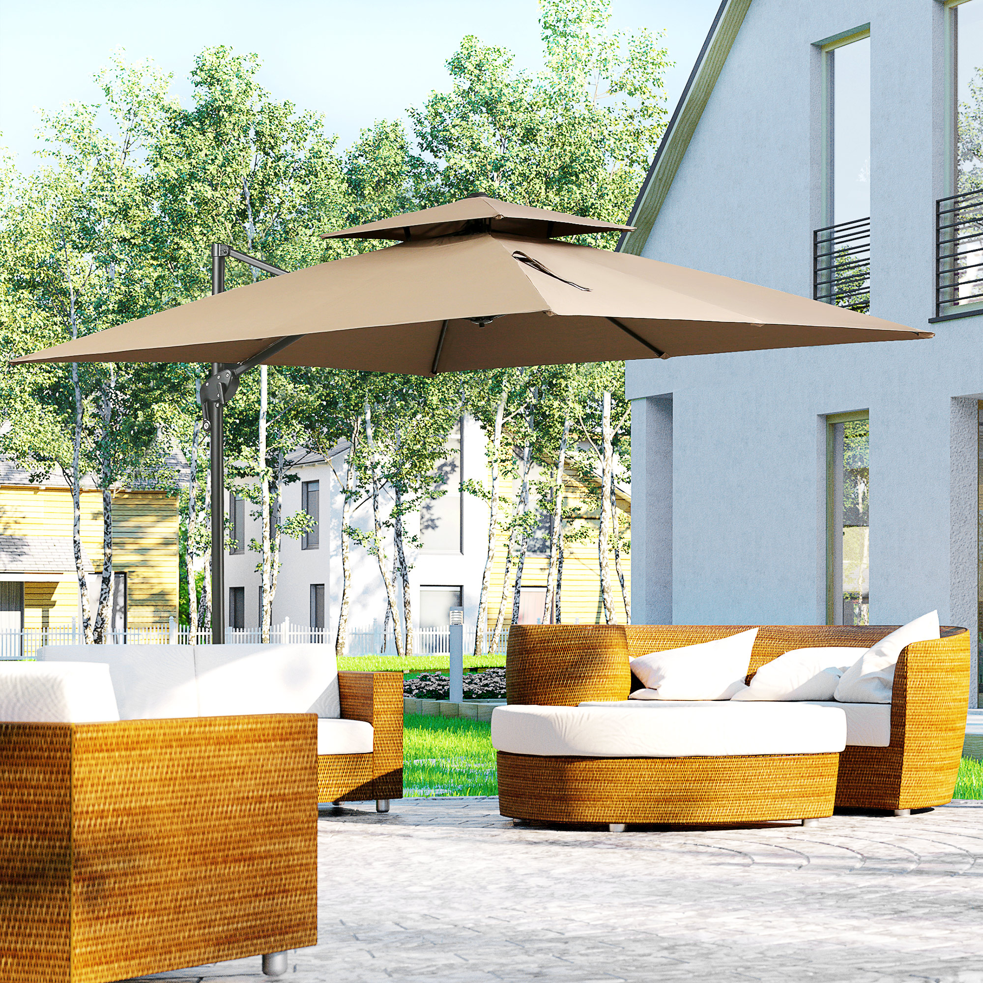 10ft Offset Patio Umbrella with Base, Double Top Hanging Aluminum Cantilever Umbrella with 360-degree Rotation, Easy Tilt, 8 Ribs, Crank, Cross Base, Cover, Strap, Coffee