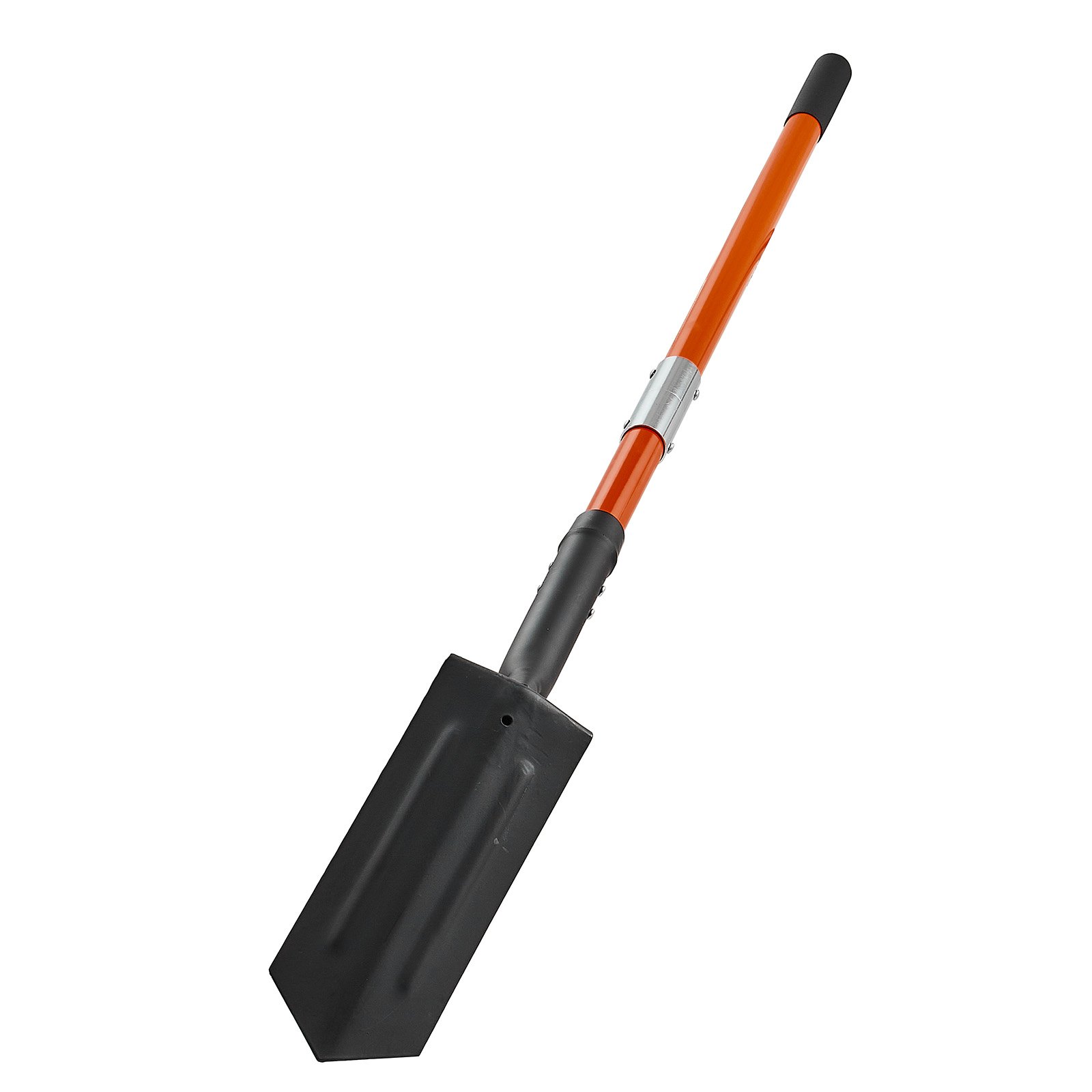 Full view of heavy-duty trench shovel with orange fiberglass handle