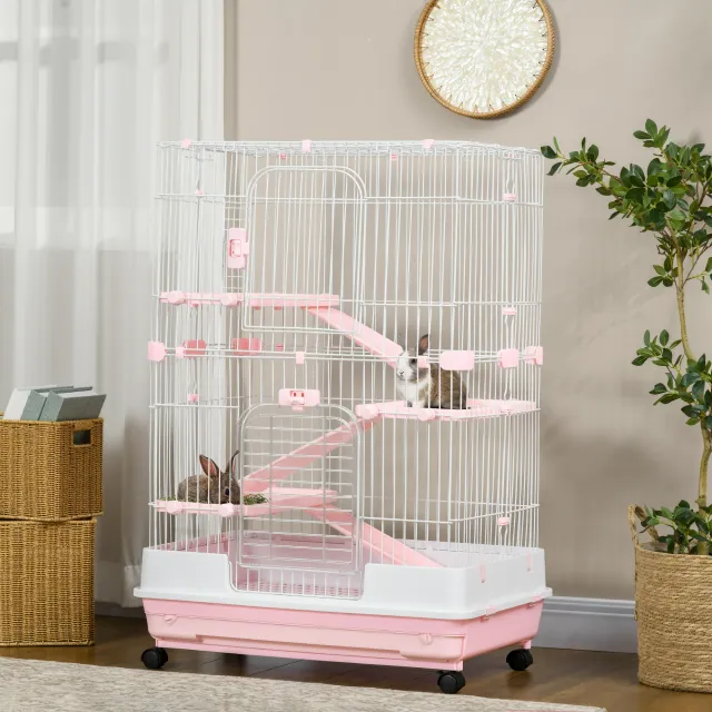 L 4 Level Small Animal Cage Rabbit Hutch with Universal Lockable Wheels Pink - Shop at LoveMi