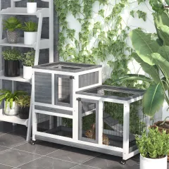 Rabbit Hutch Elevated Bunny Cage Indoor Small Animal Habitat with Enclosed Run with Wheels - Grey, White - View 1