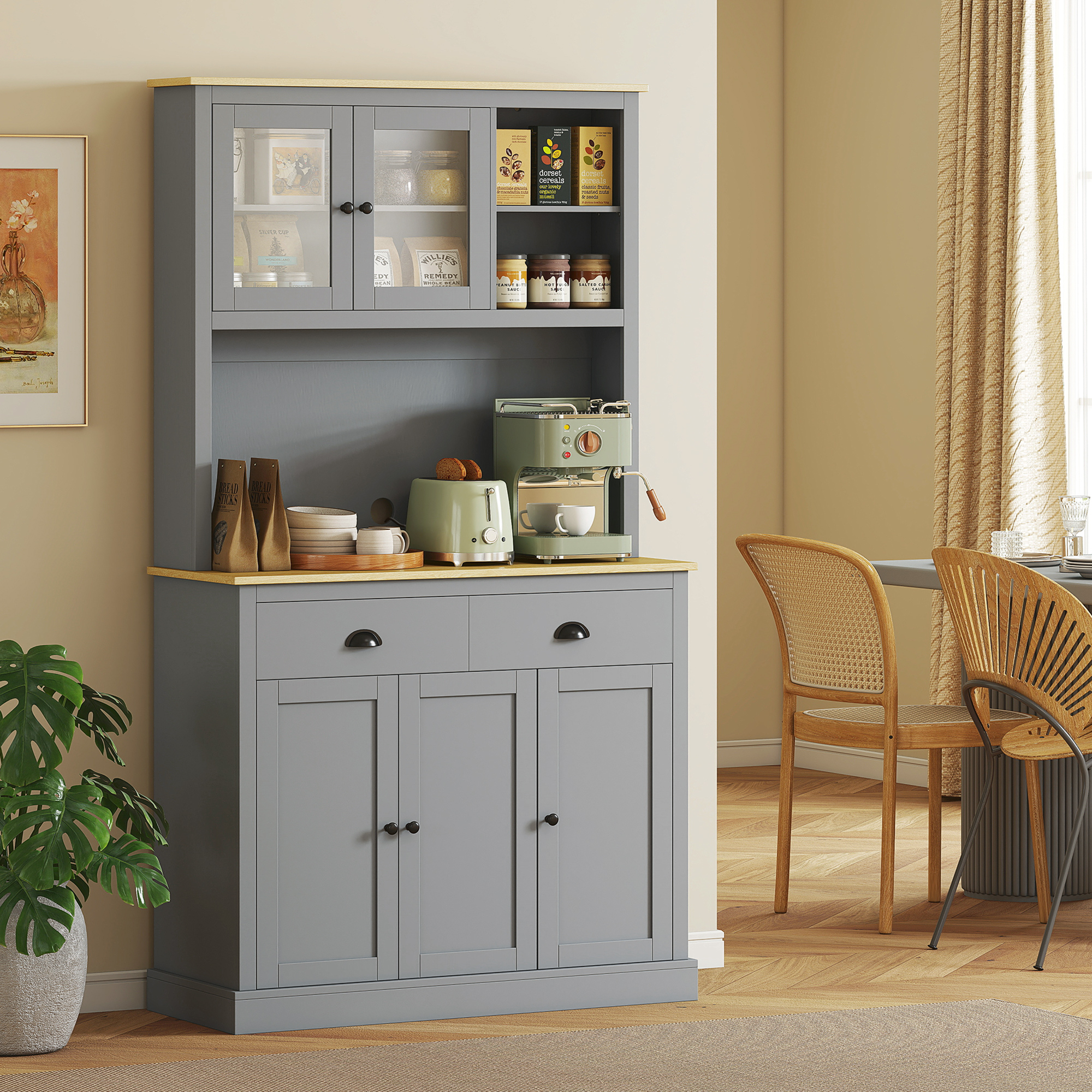 Freestanding Kitchen Cabinet, 71″ Tall Pantry Cabinet, Modern Hutch