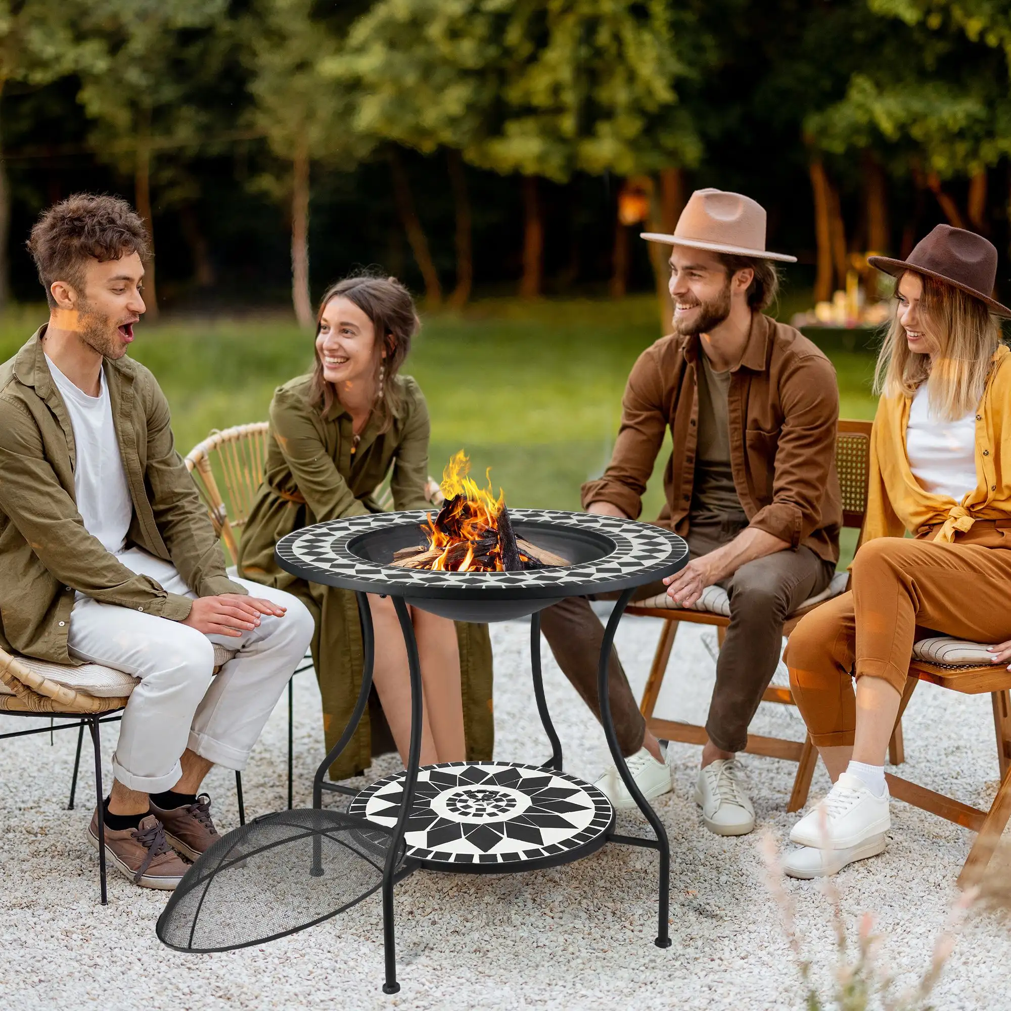 30" Outdoor Fire Pit Dining Table, 3-in-1 Round Wood Burning Fire Pit Bowl, Patio Ice Bucket with Storage Shelf, Spark Screen Cover for BBQ, Bonfire, Camping, M