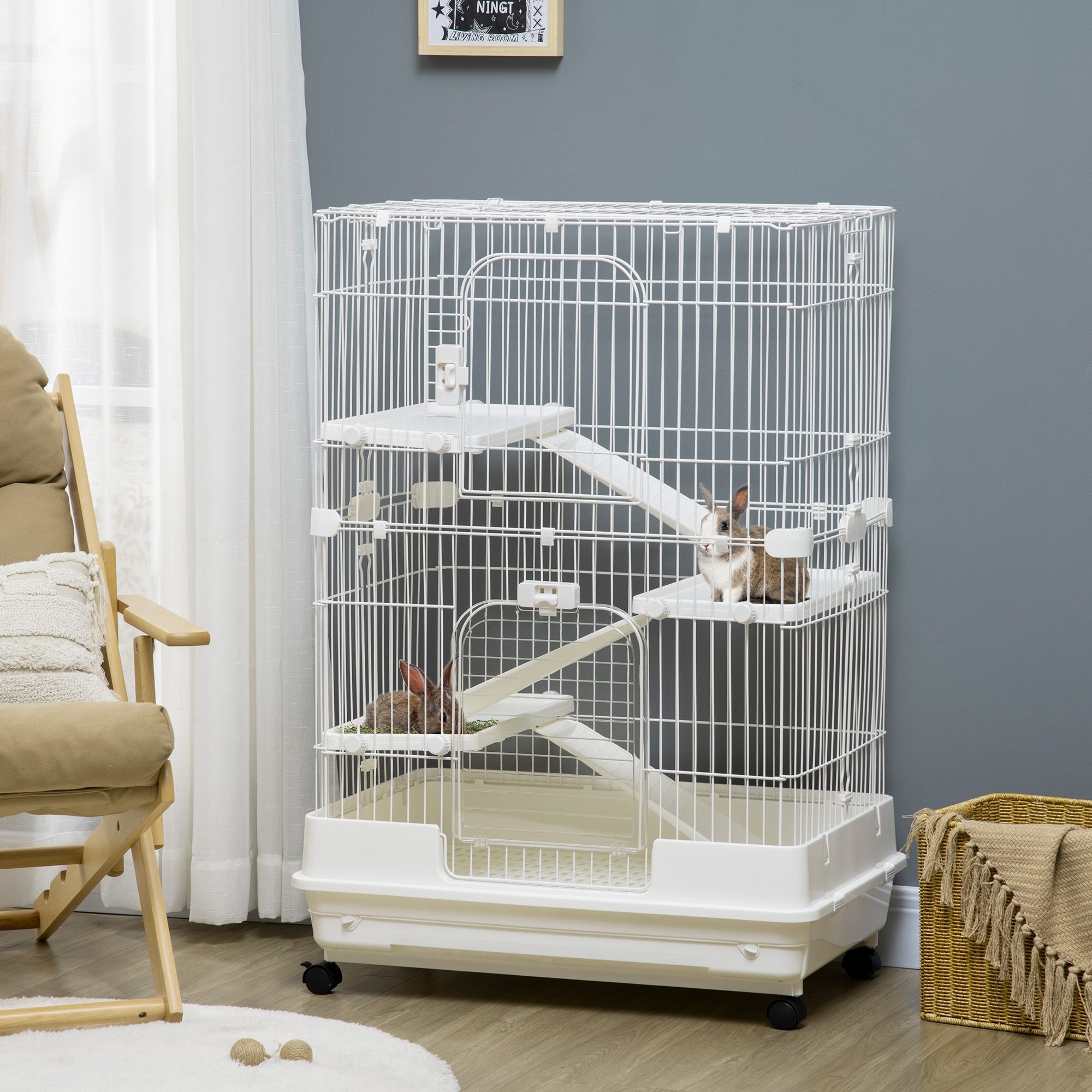L 4 Level Small Animal Cage Rabbit Hutch with Universal Lockable Wheels White - Shop at LoveMi