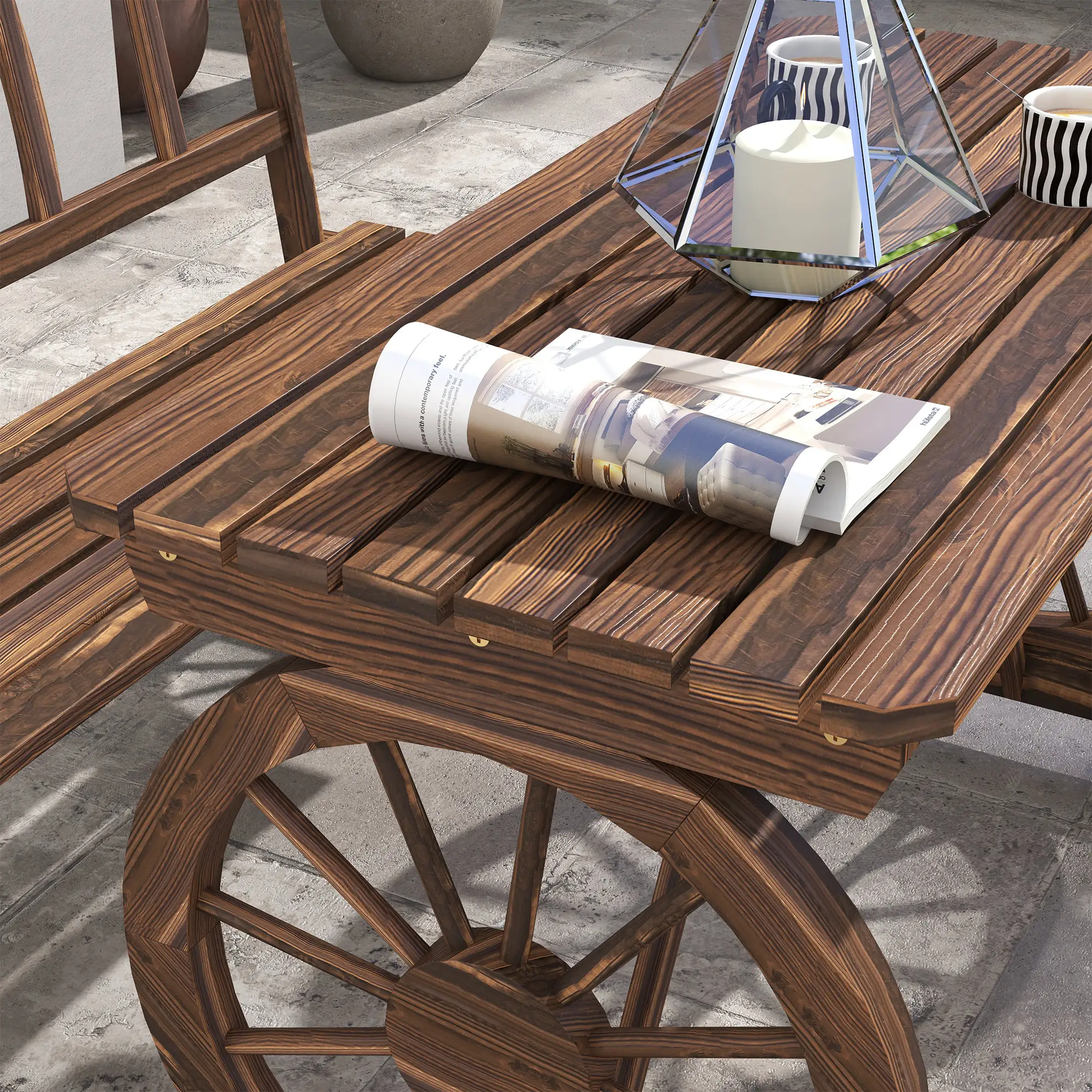 Patio Table and Chairs for 4 People, Wagon Wheel Design, Outdoor Furniture Set for Backyard, Garden, Carbonized
