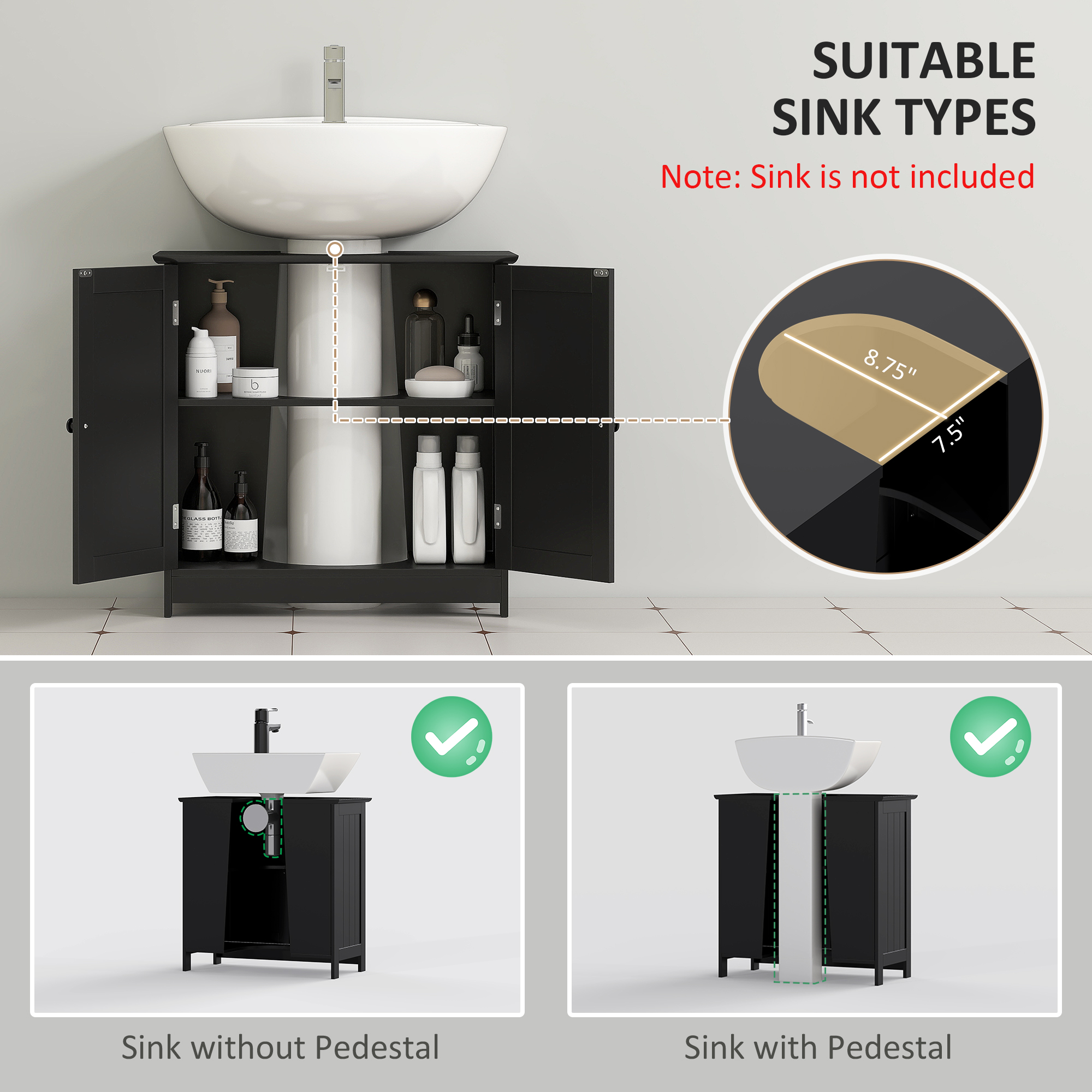 Under Sink Bathroom Cabinet, Pedestal Sink Storage Cabinet with 2 Doors, Shelf and U-Shape, Black image 3
