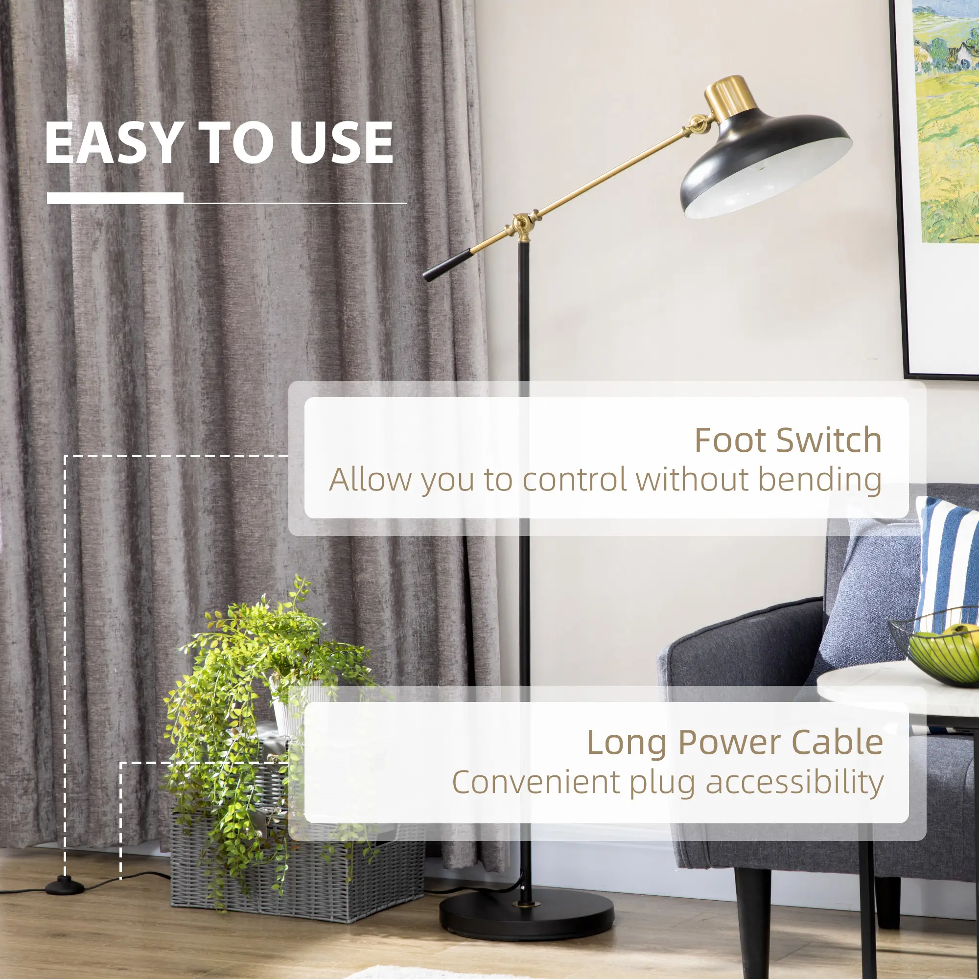 Adjustable Floor Lamps for Living Room, Standing Lamp for Bedroom with Balance Arm, Tall Black and Gold Lamp