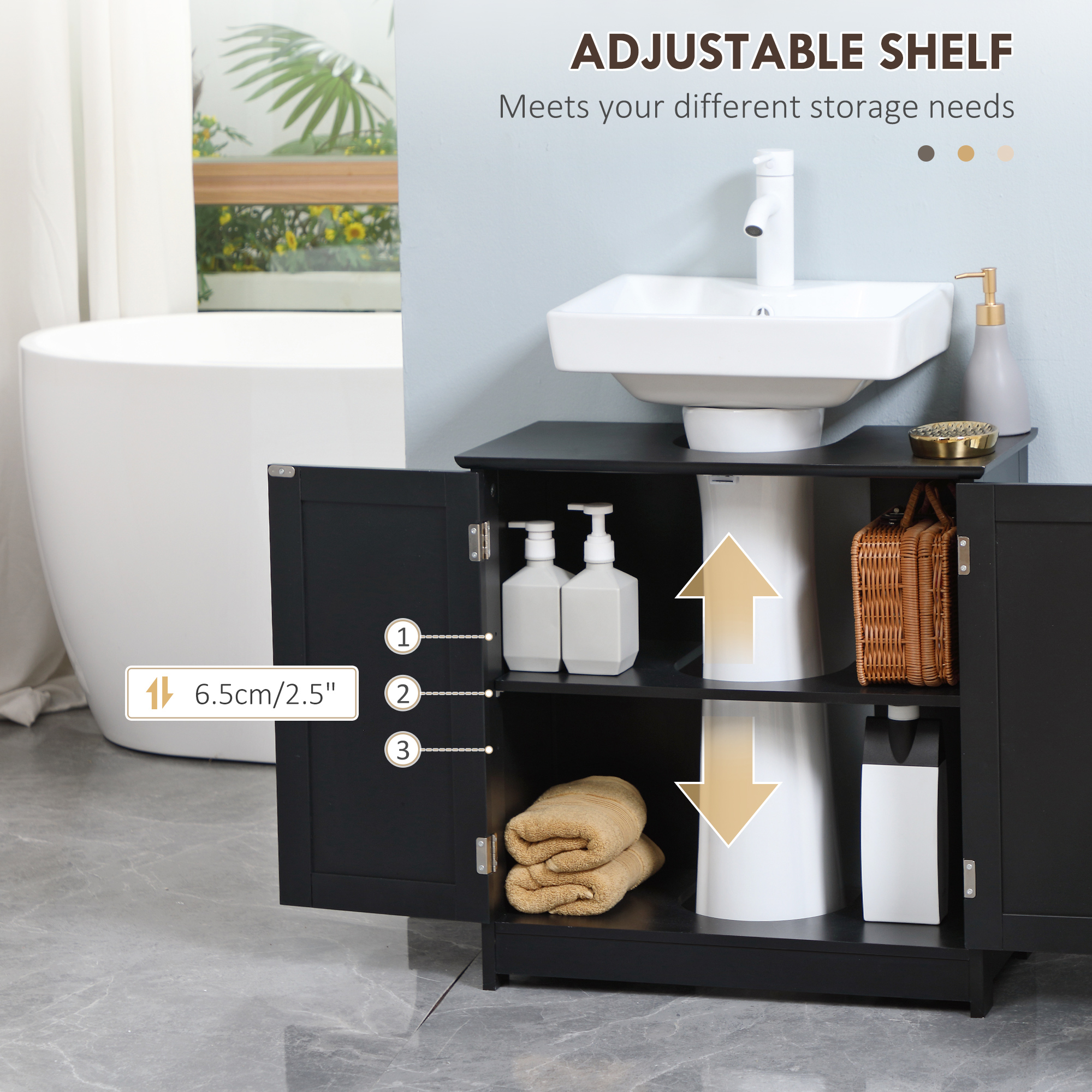 Under Sink Bathroom Cabinet, Pedestal Sink Storage Cabinet with 2 Doors, Shelf and U-Shape, Black image 4