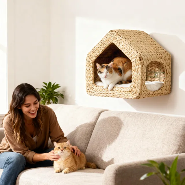 Wall Mounted Cat House, Cat Wall Furniture, Cat Wall Shelf with Washable Cushion, Natural Natural Wood - Shop at LoveMi