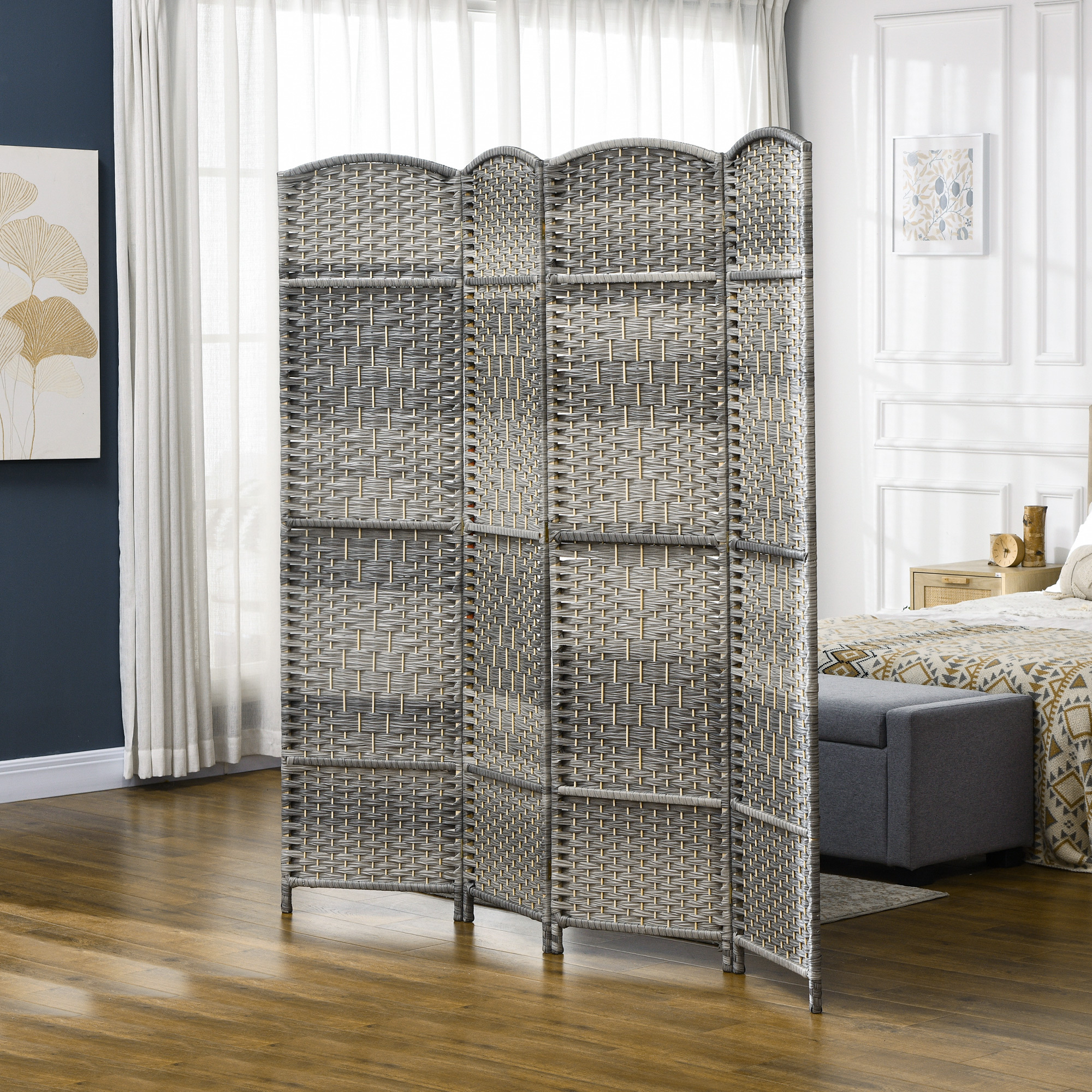 Folding Room Divider Screen 4-Panel 6ft Tall – Freestanding Wooden Privacy