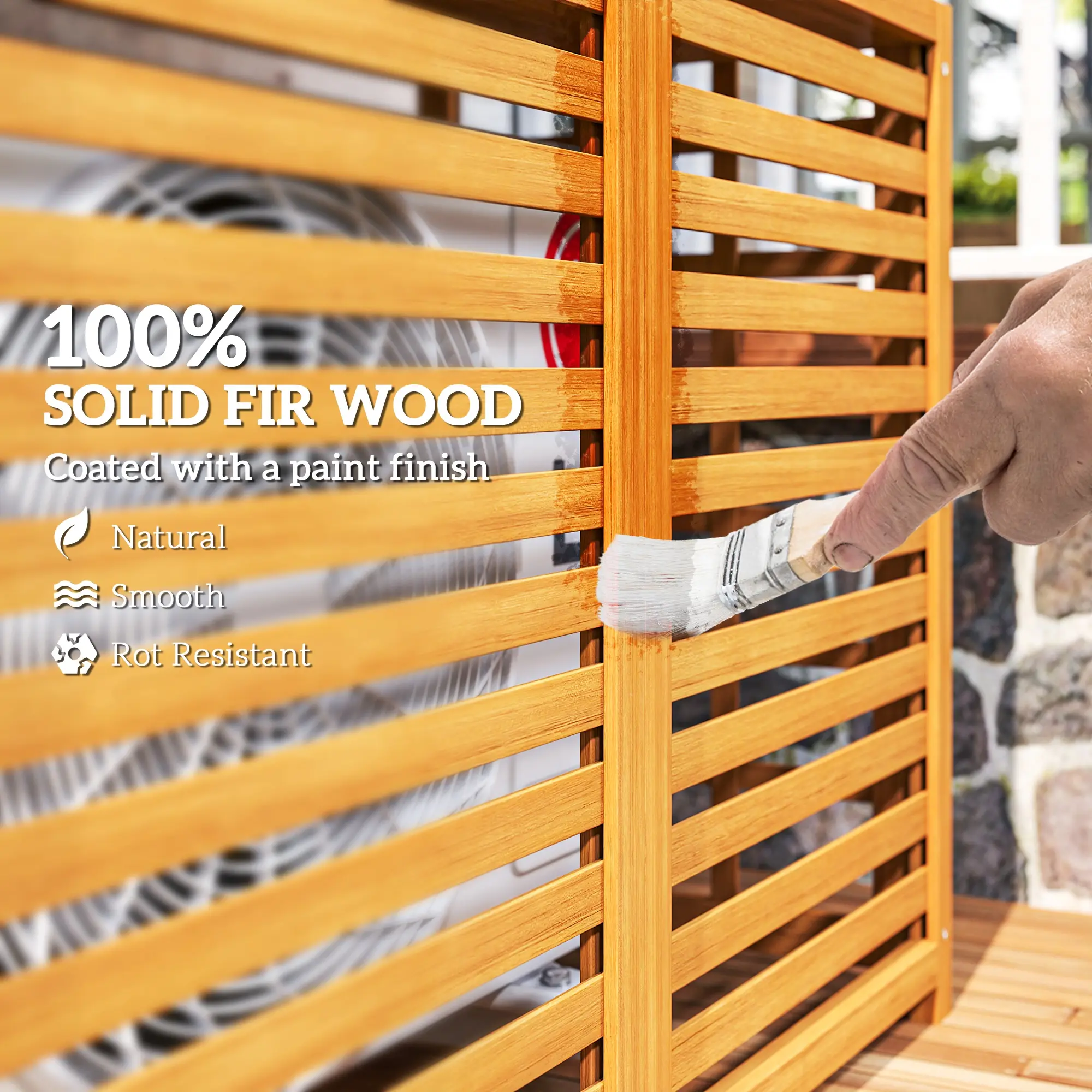 Outdoor Air Conditioner Fence Privacy Screen, Wood AC Fence Potting Table with Shelves for Patio, Light Brown