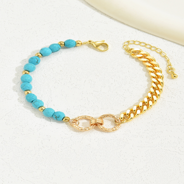 A Creative And Luxurious Instagram Style Double Ring Turquoise Multi Chain Mixed Bead Bracelet For Women's Vacation And Date Gifts - Image 3