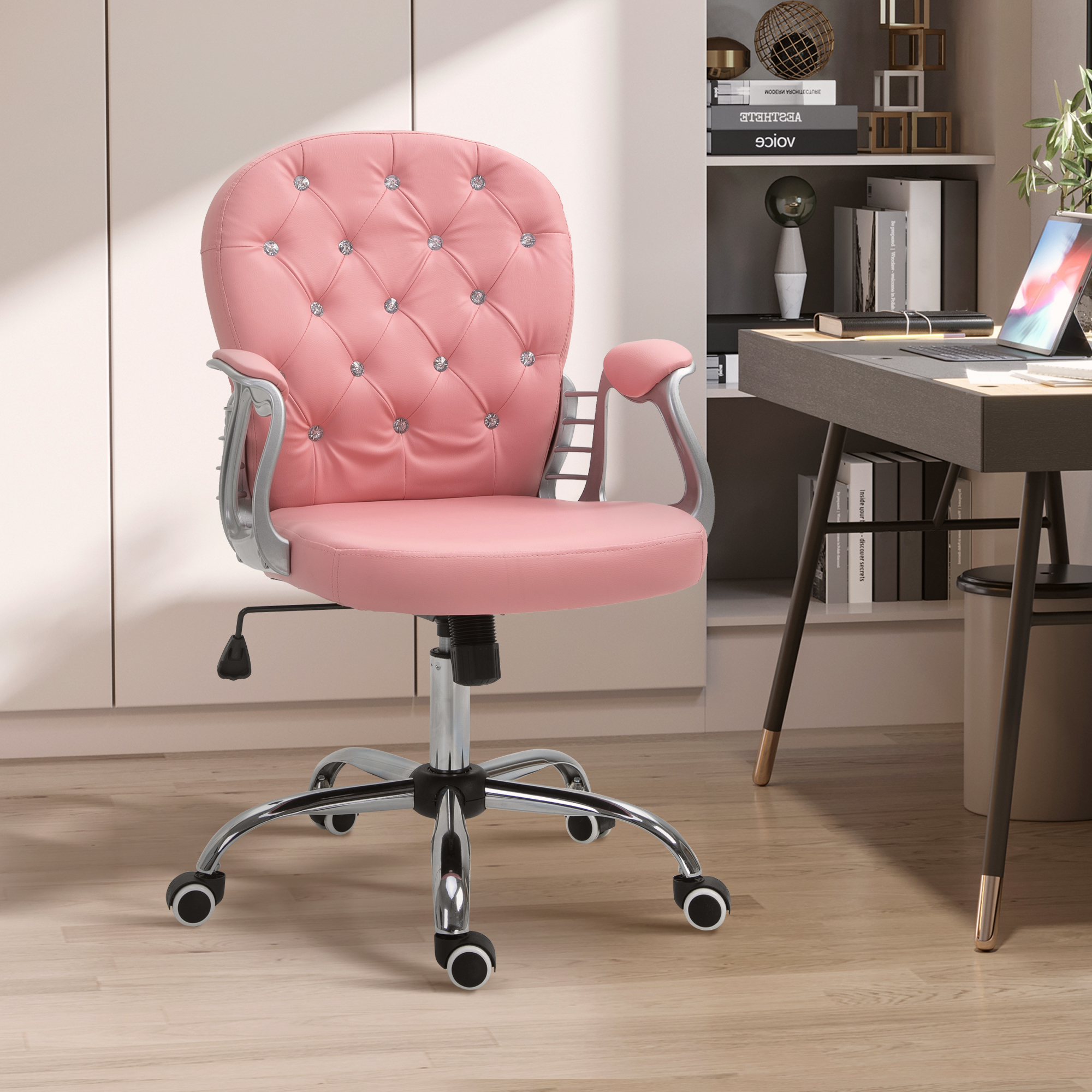 Makeup Vanity Chair, PU Leather Computer Task Chair with Button Tufted, Padded Armrests, Adjustable Height and Swivel Wheels, Pink
