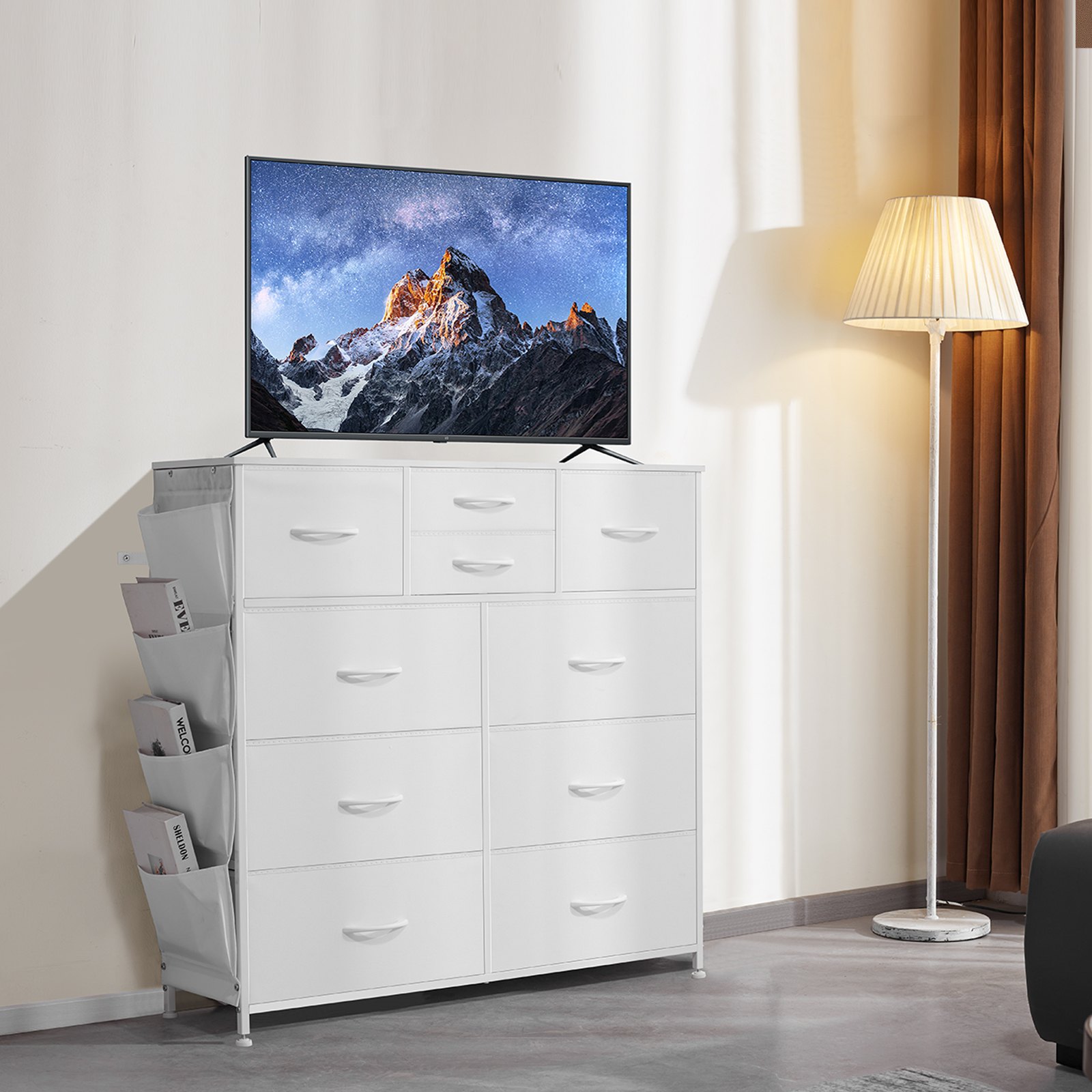 Large White Dresser with Soft Fabric Drawers