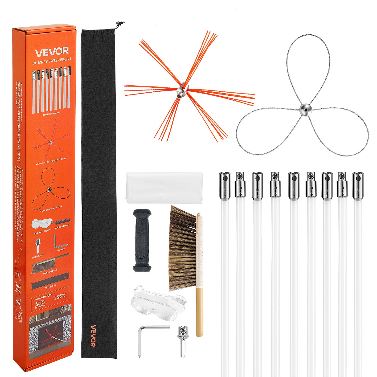 Chimney Sweep Kit, 30 Ft Maximum Extendable Length Chimney Brush, Chimney Cleaner Sweeper With Dual Brush Heads, Brush & Goggles, Fireplace Cleaning Tool For Square, Rectangle, Arch Chimneys