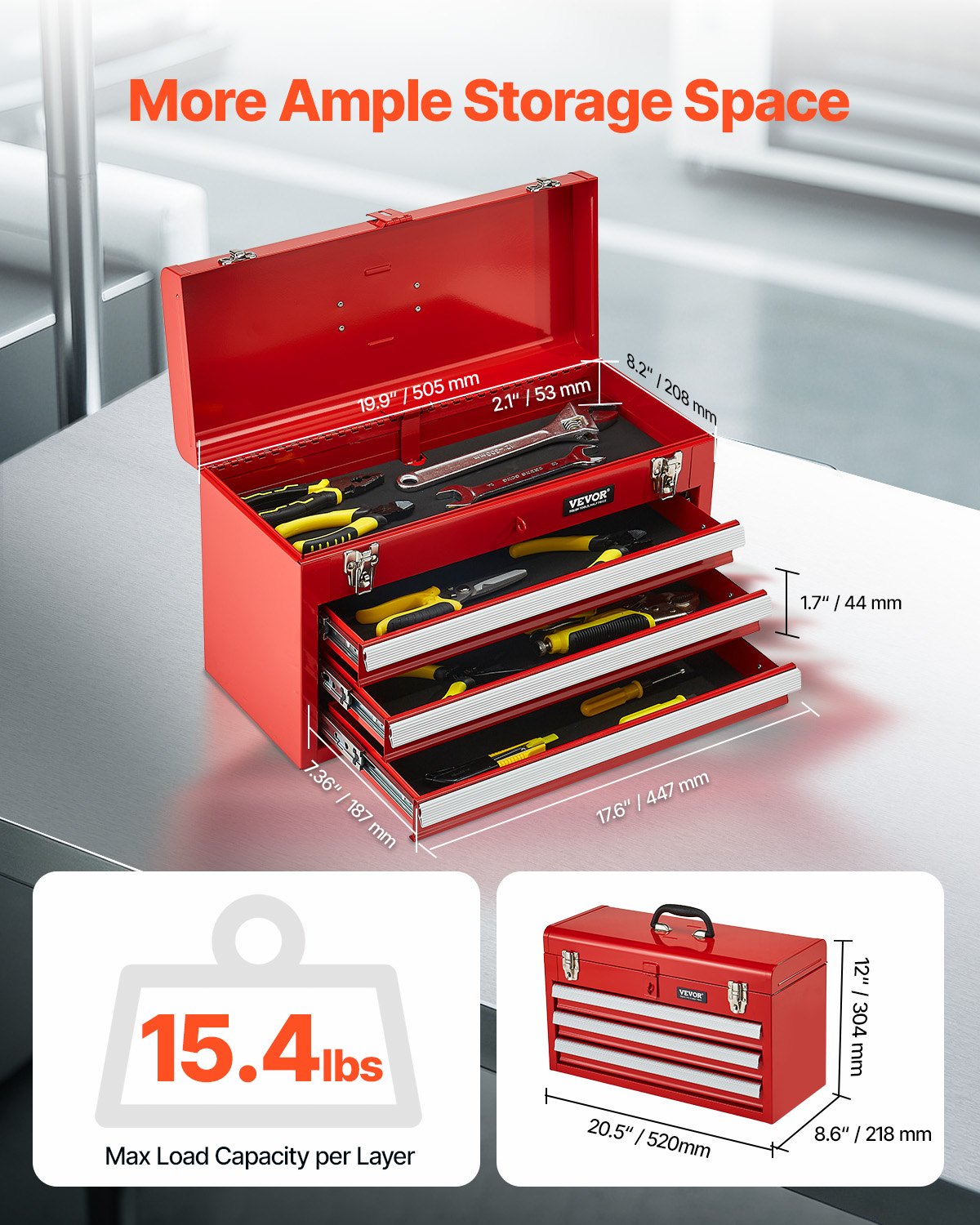 Metal Tool Box, 20.5-inch, Metal Tool Box With 3 Drawers,
