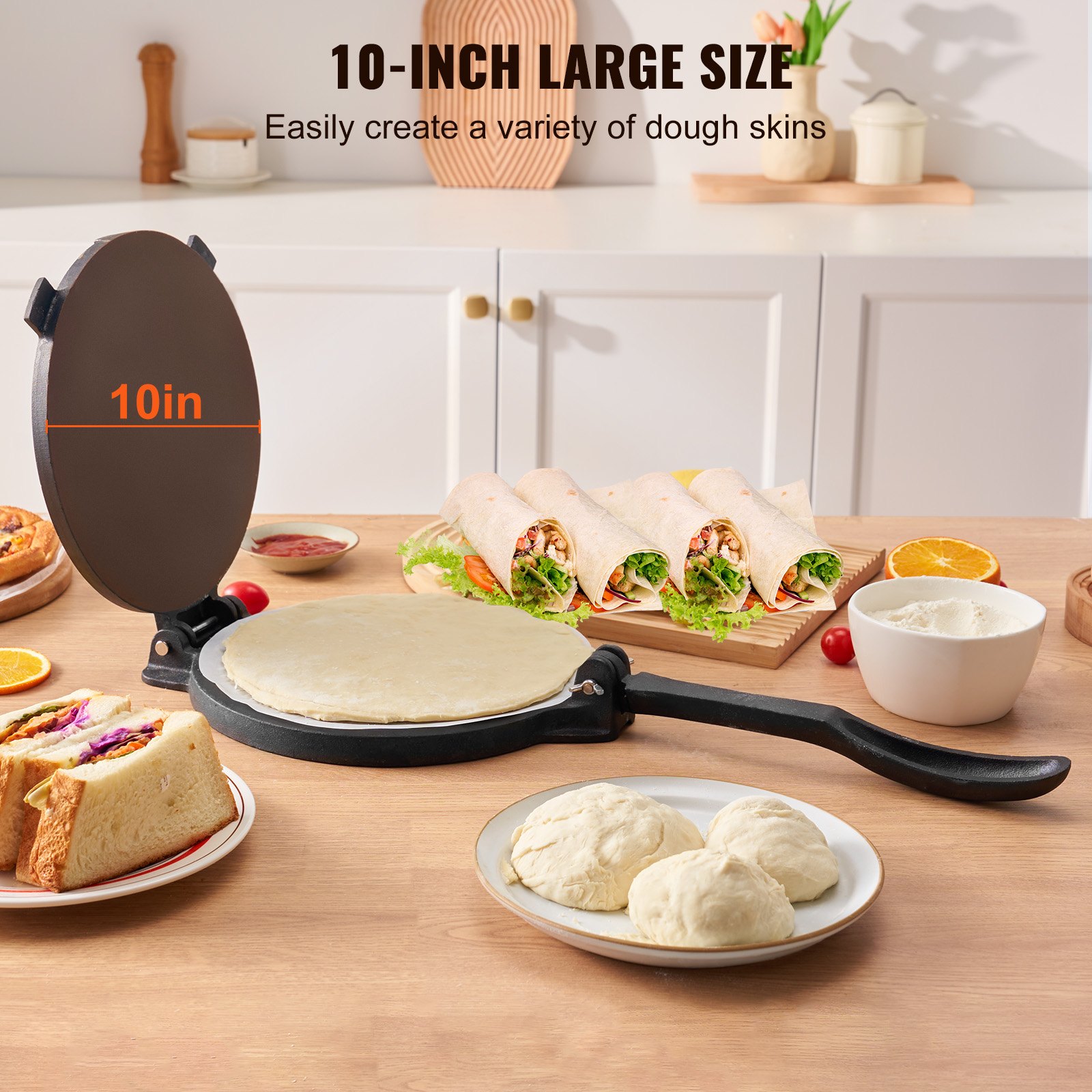 Tortilla Press, 10 Inch Tortilla And Roti Maker, Cast Iron Heavy Duty Tortilladora Press, Pre-Seasoned Pataconera Maker With 100 Pcs Parchment Paper, Dough Maker For Flour Tortilla, Tawa, Silver — foto 3
