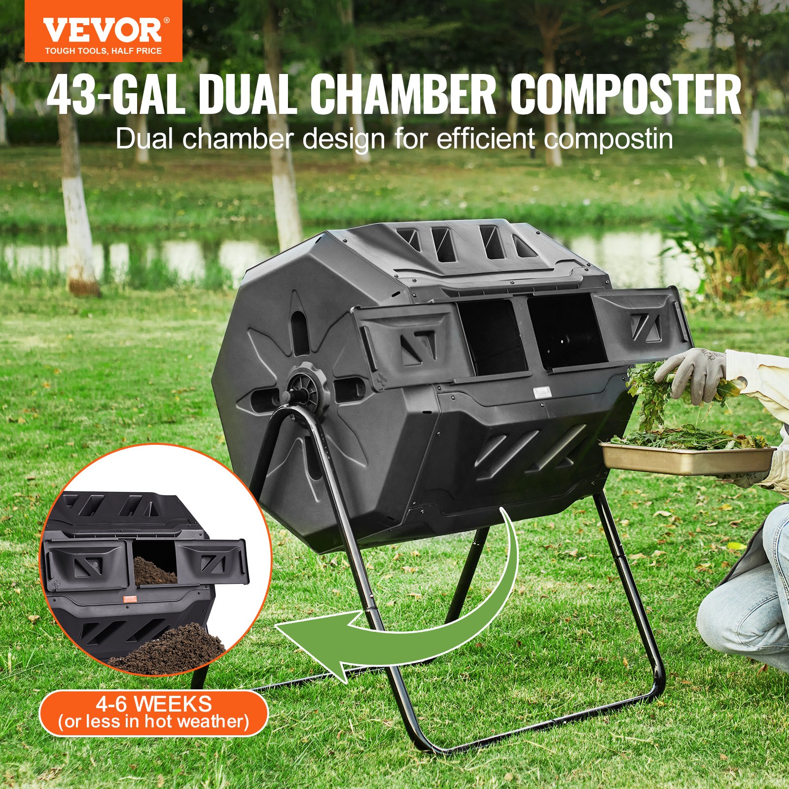 Compost Bin, 43-Gal Dual Chamber Composting Tumbler, Large Tumbling Rotating Composter With 2 Sliding Doors And Steel Frame, BPA Free Composter Bin Tumbler For Garden, Kitchen, Yard, Outdoor image 2