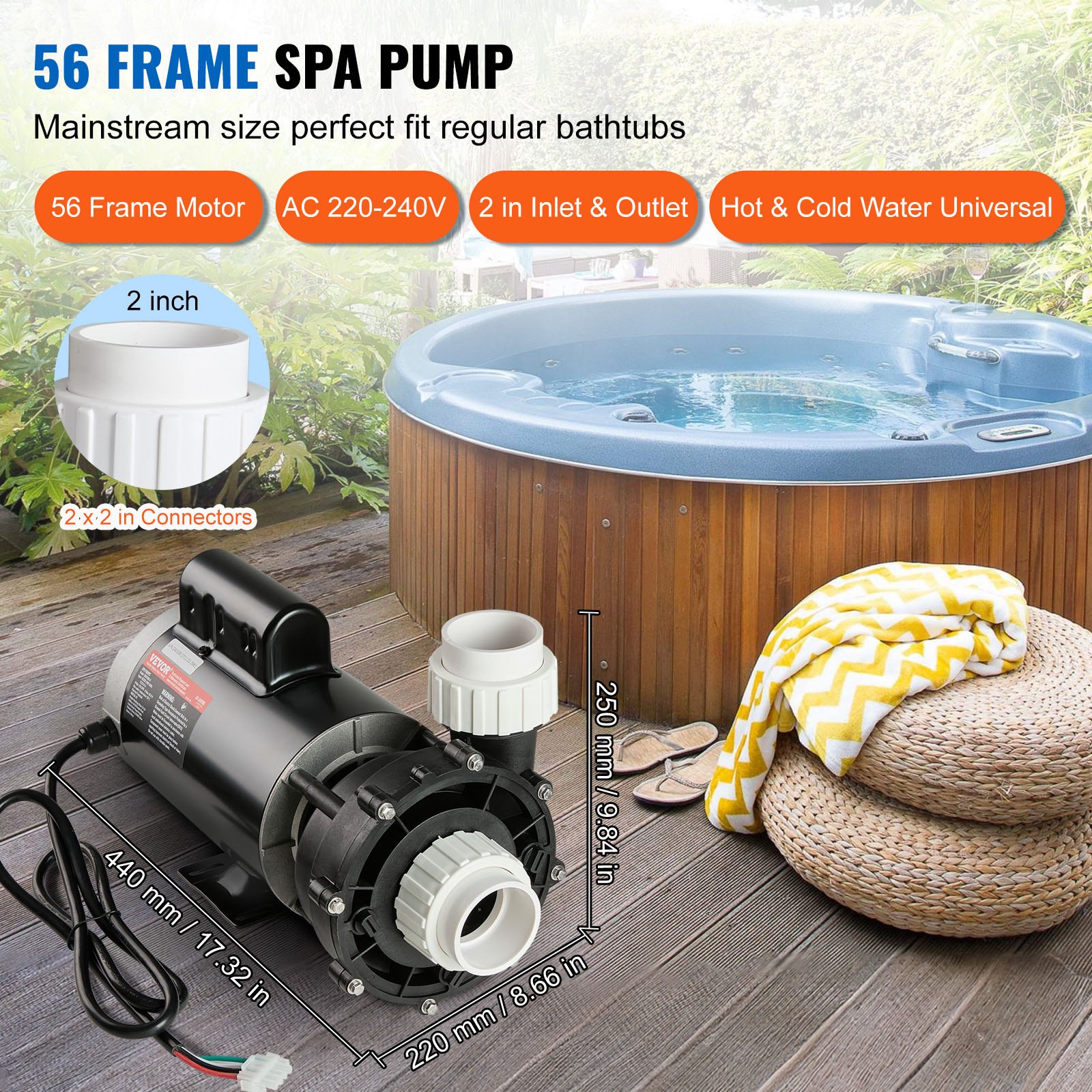 2 Speed SPA Pump, 56-Frame, AC 220-240V Hot Tub SPA Pump, 4HP/210GPM/65.61ft High Speed Or 0.7HP/103GPM/16.07ft Low… - 2