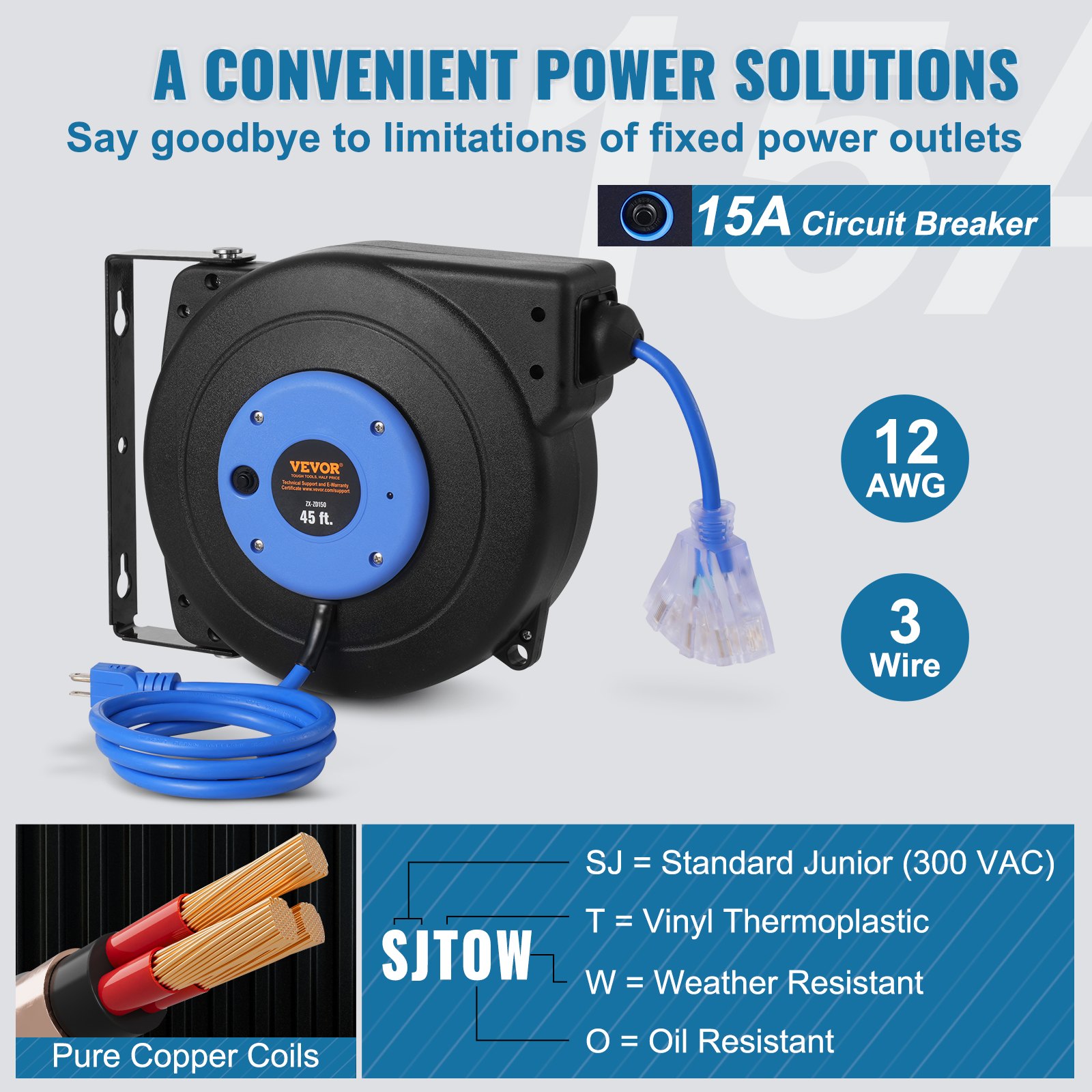Retractable Extension Cord Reel Power Cord Reel 45FT 12AWG/3C SJTOW - 4