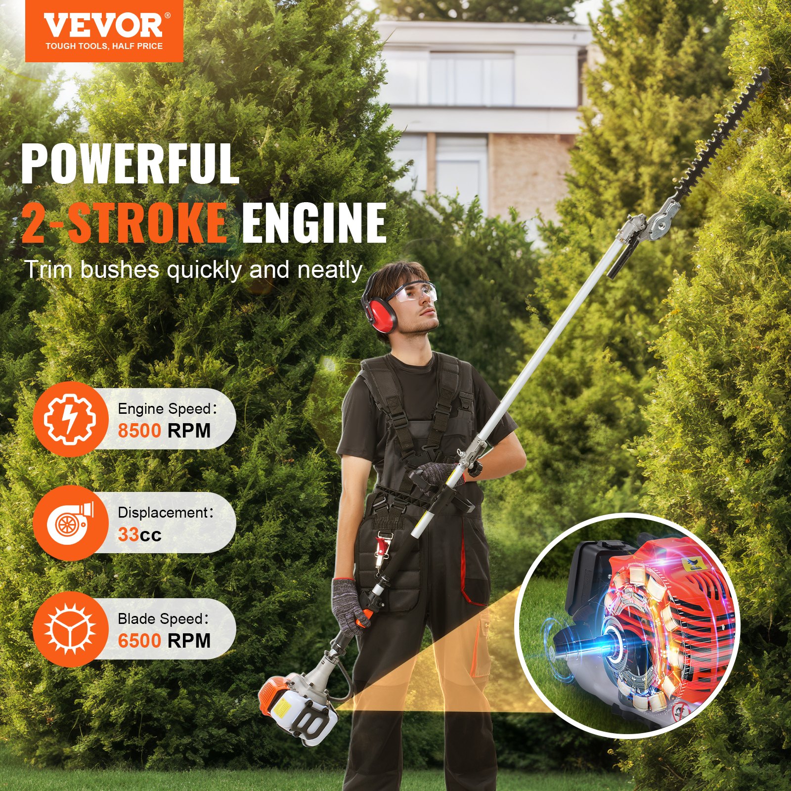 33CC multi-function yard tool shown in outdoor trimming applications