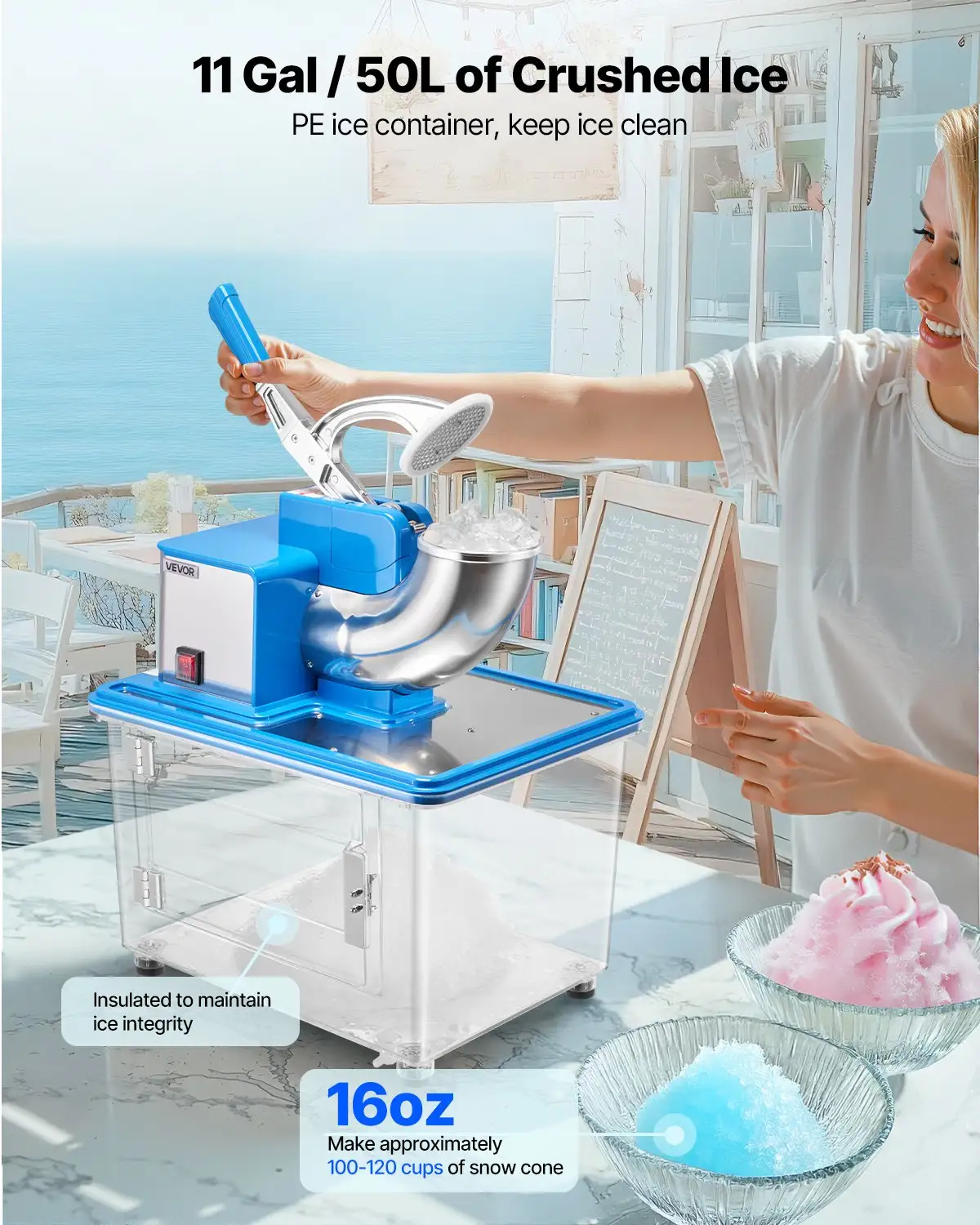 Commercial Ice Crusher 661LBS/H Electric Snow Cone Maker Shaved Ice Blue