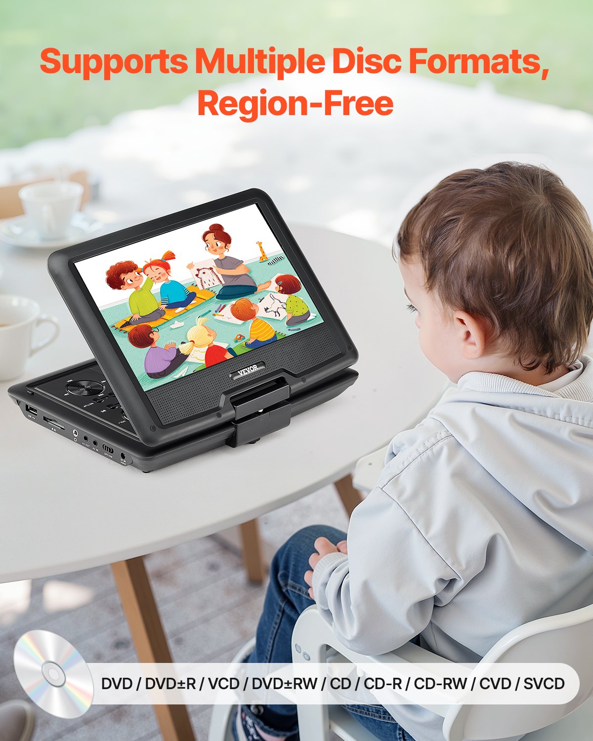 Portable DVD Player 10.1 Inch HD Swivel Display Screen 4 Hours Built-in Battery 5