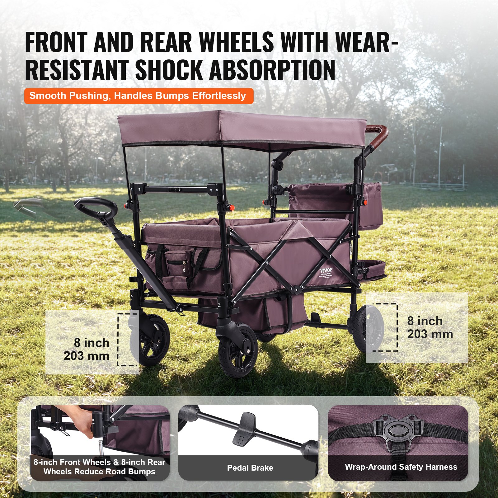 Wagon Stroller For 2 Kids, Push Pull Quad Collapsible Stroller With Adjustable Handle, Encircling Harness Removable Canopy,4 Wheels W/ Brakes,Mutifunction Tandem Stroller For Camping Dark Pur