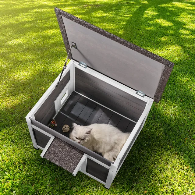 Outdoor Cat House Wooden Feral Cat Shelter With Roof Door Flaps & Window Grey - Shop at LoveMi