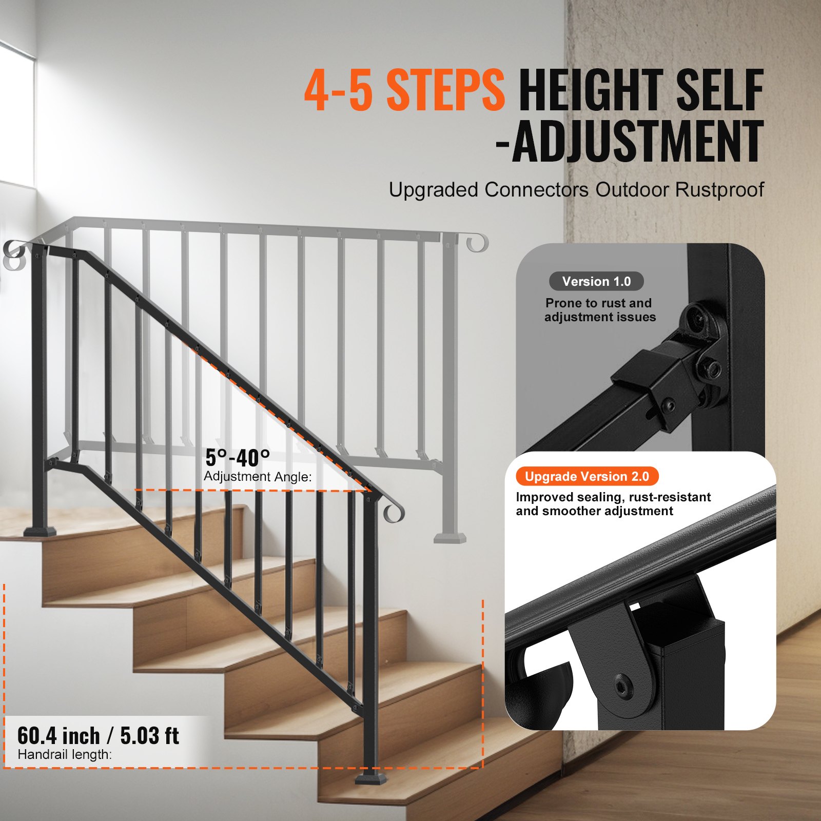 5-6 Step Handrails For Outdoor For Seniors Porch Deck Black Retro Arch - 3