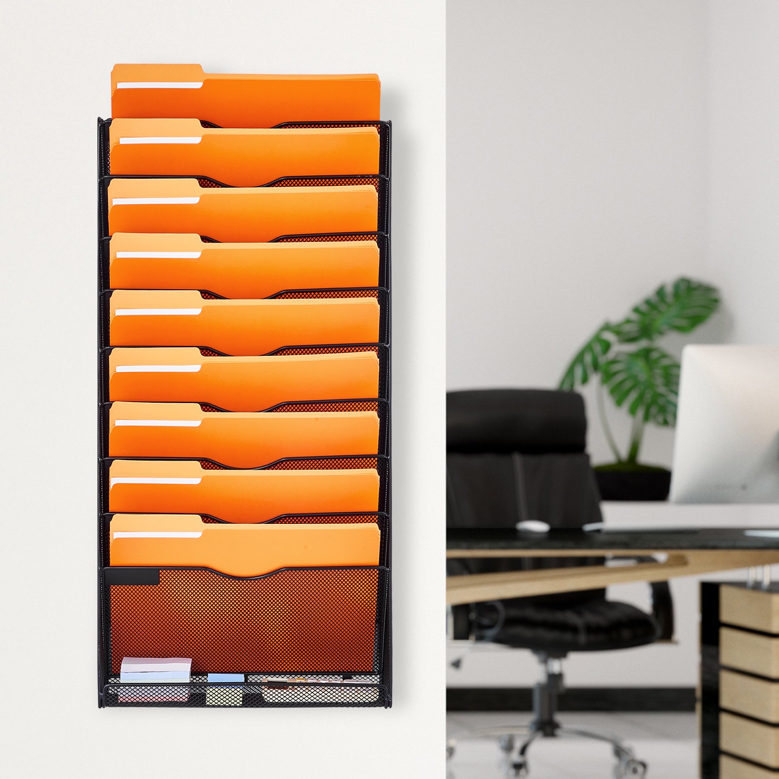 Hanging Wall Files Organizer, 10-Tier Vertical Wall File Holder, Metal Wall Moun