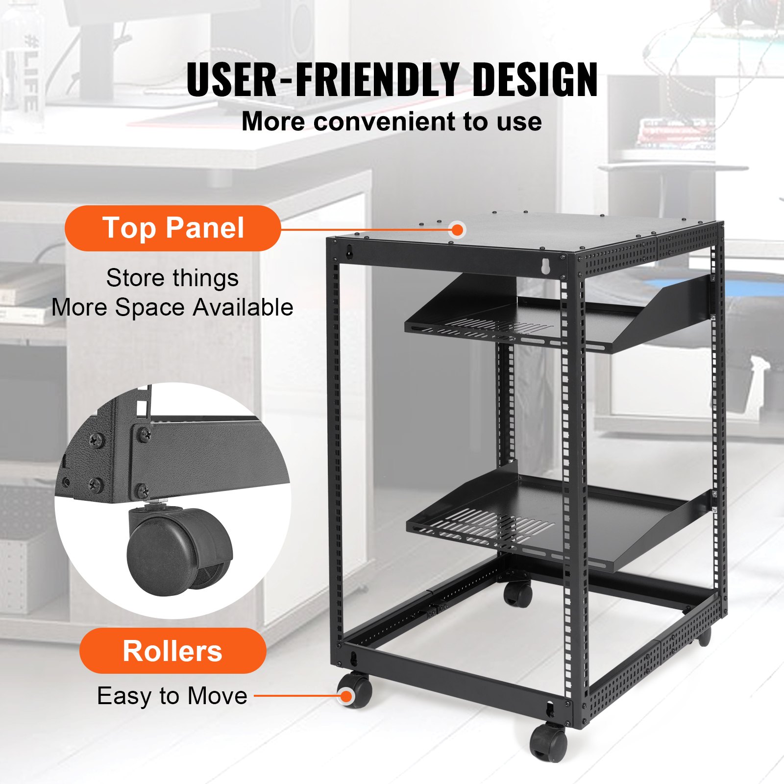 15U Open Frame Server Rack, 23”-40” Adjustable Depth, Free Standing Or Wall Mount Network Server Rack, 4 Post AV Rack With Casters, Holds All Your Networking IT Equipment AV Gear Router Modem