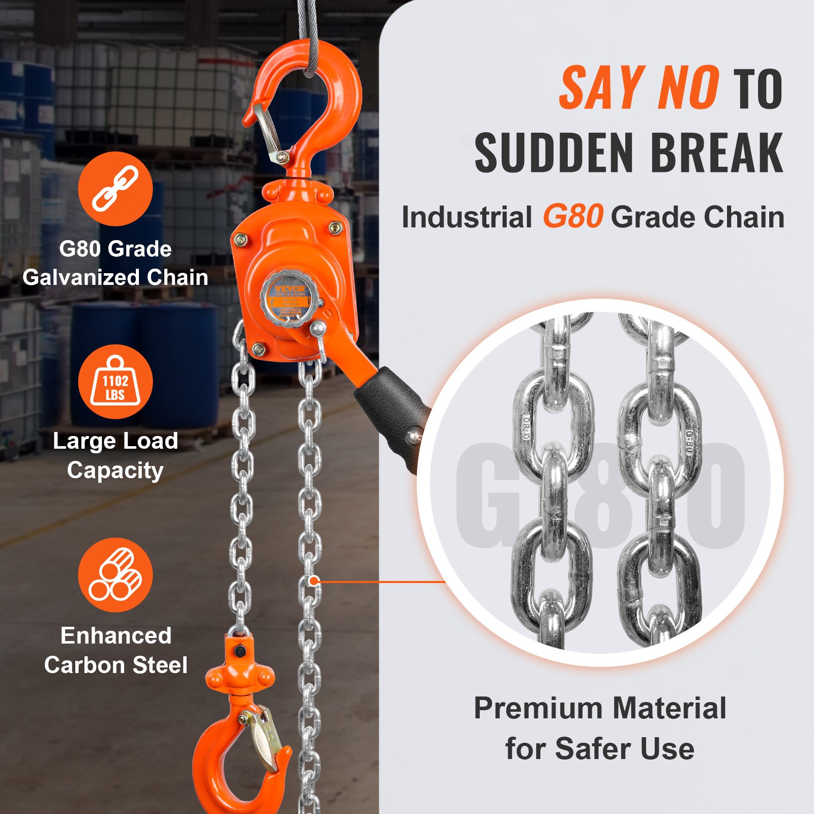 Manual Lever Chain Hoist, 1/2 Ton 1100 Lbs Capacity 5 FT Come Along, G80 Galvanized Carbon Steel With Weston Double-Pawl Brake, Auto Chain Leading & 360° Rotation Hook, For Garage Factory Dock
