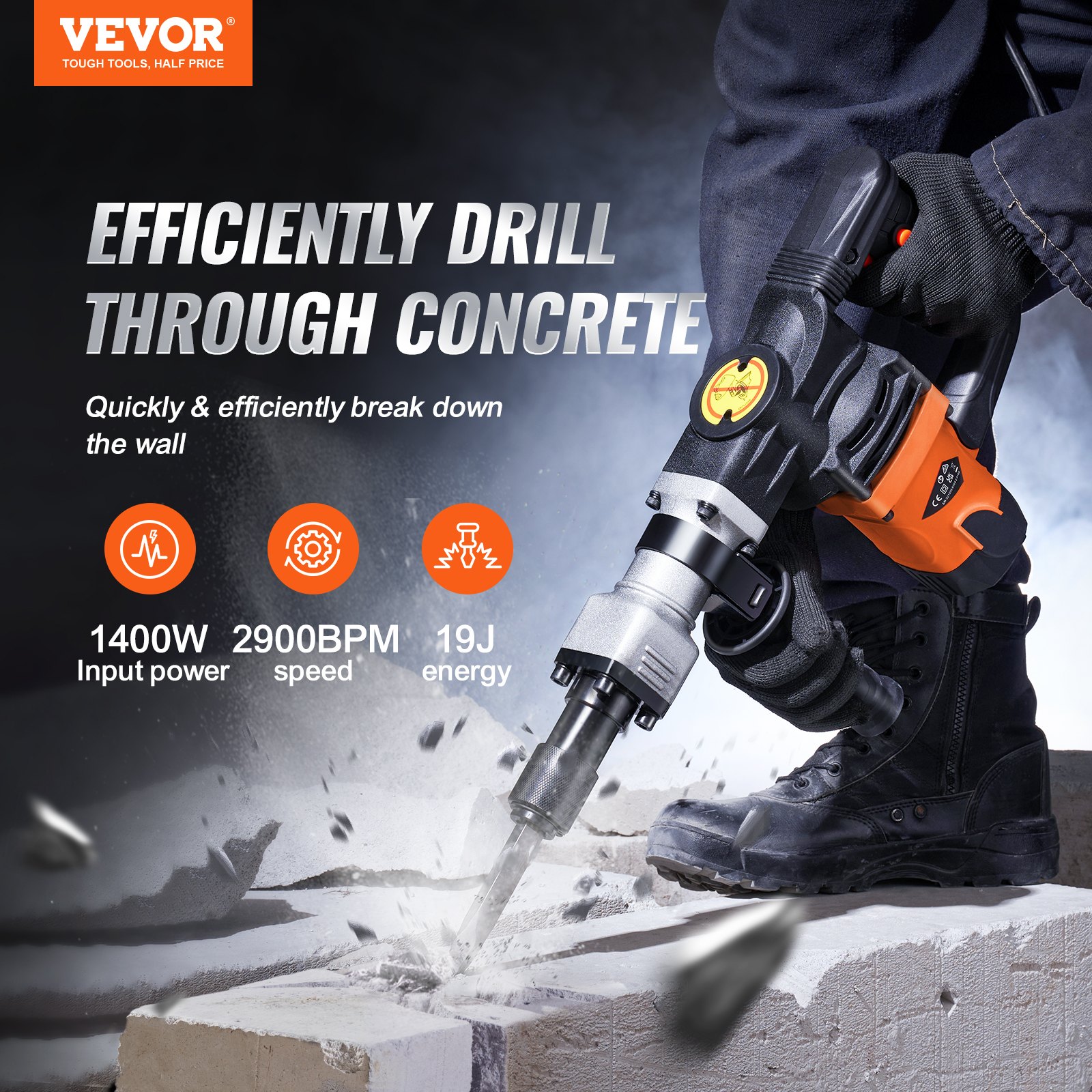 Demolition Jack Hammer Concrete Breaker 1400W Electric Hammer 2 Chisel Bit image 2
