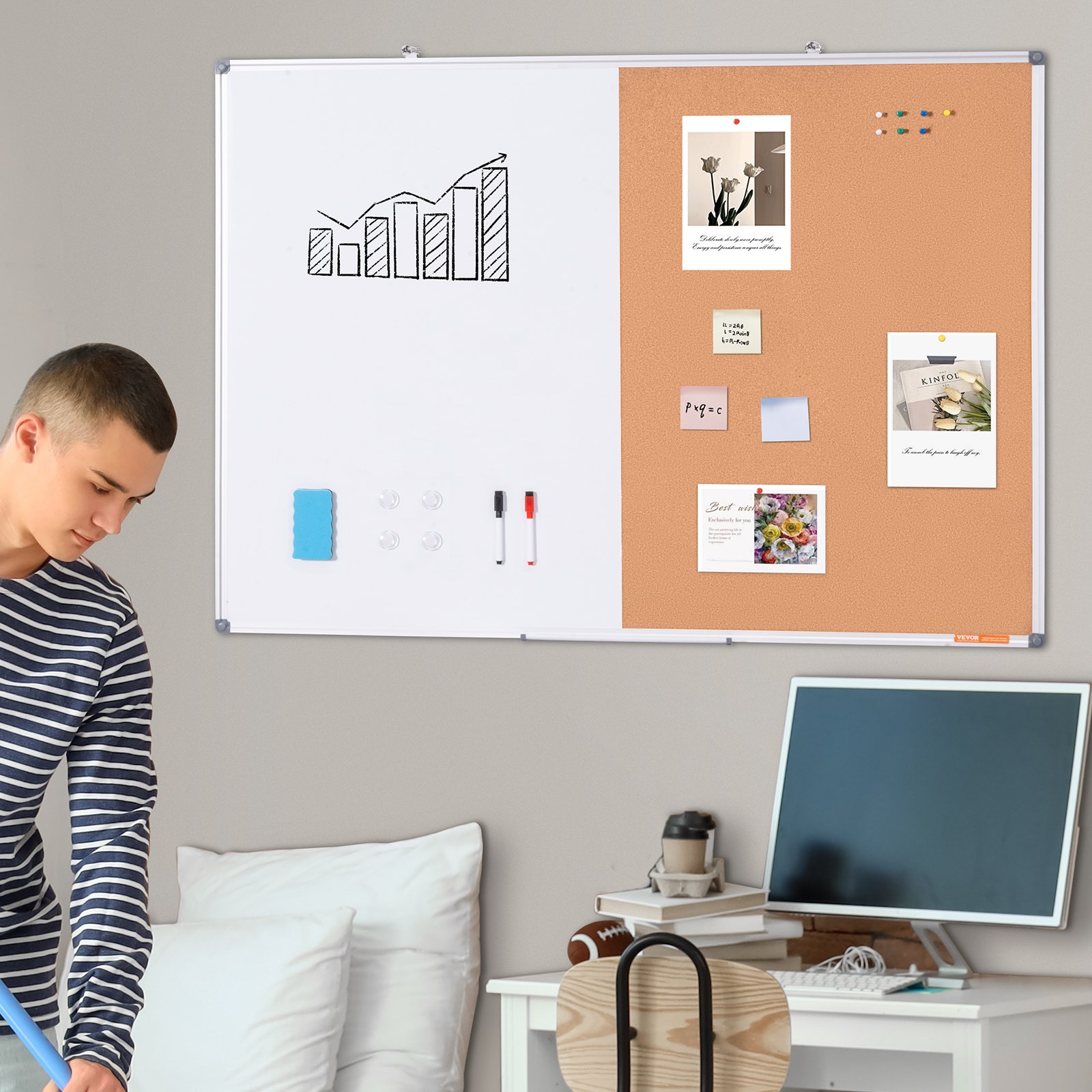 48'x 36' Whiteboard & Cork Board Combo With Aluminum Frame – 2-in-1 Magnetic Dry Erase Bulletin Board For Wall Mount – Ideal For School, Home, Office_voghion.com