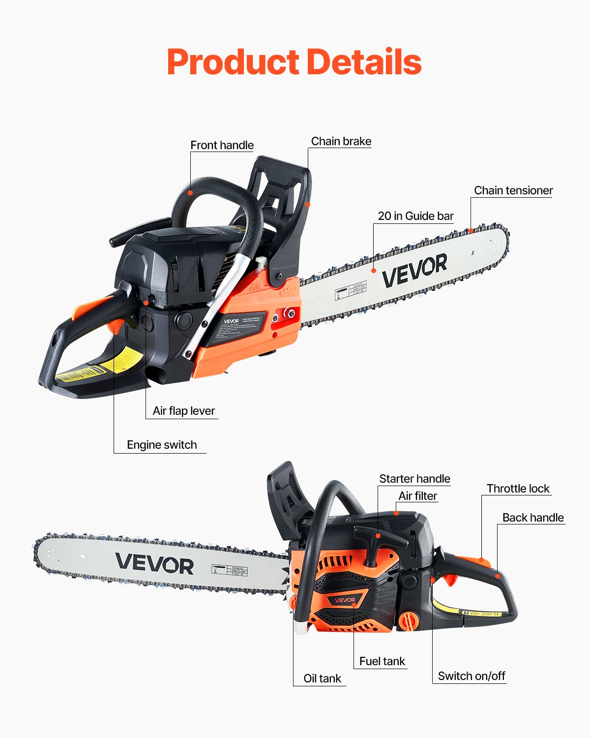 62cc Gas Chainsaw 3.8hp Gas Powered 20 Inch Chainsaw For Wood Cutting image 3
