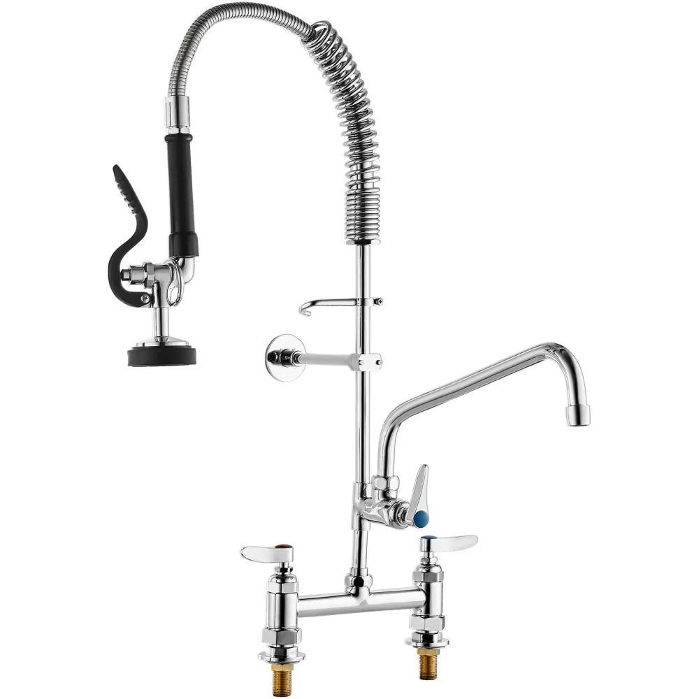 Commercial Faucet With Pre-Rinse Sprayer, 26' Height, 8' Center, 12' Swing Spout, Deck Mount Kitchen Sink Faucet, Brass Constructed Device With Pull Down Spray, For 1 2 3 Compartment Sink