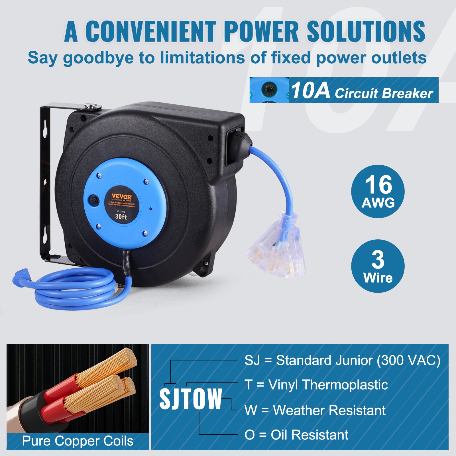 Retractable Extension Cord Reel Power Cord Reel 30FT 16AWG/3C SJTOW image 4