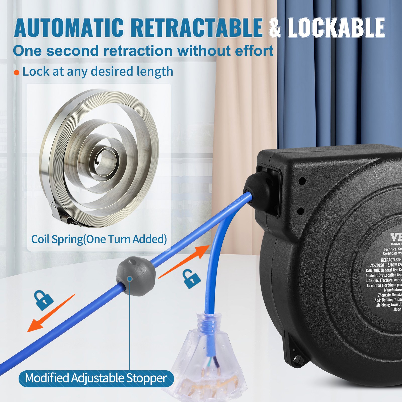 Retractable Extension Cord Reel Power Cord Reel 45FT 12AWG/3C SJTOW - 5