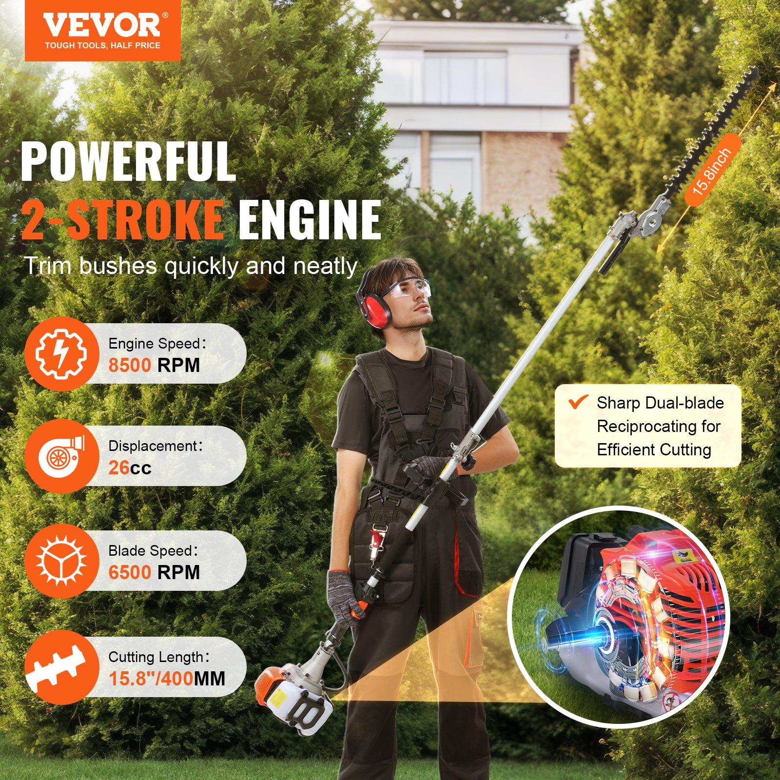 15.7-inch 26CC 2 Cycle Gas Hedge Trimmer, Gas Powered Pole Hedge Trimmer With Dual Sided Dual Action… image 2