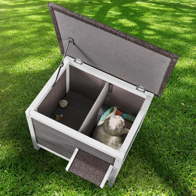 Outdoor Cat House Wooden Feral Cat Shelter With Roof & PVC Door Flaps Grey - Shop at LoveMi
