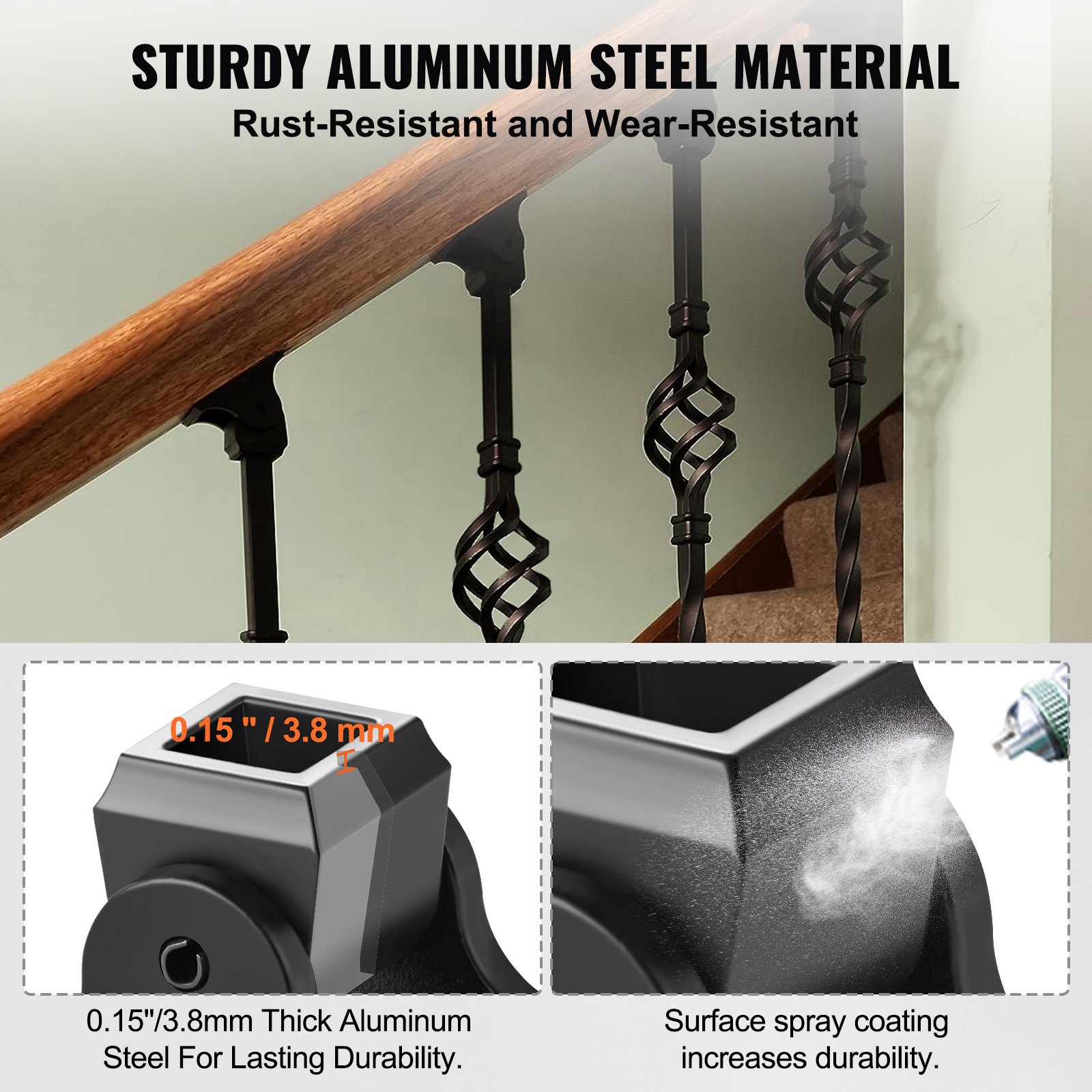 Aluminum Alloy Baluster Shoes Square Balusters Baluster Wrought Spindles For Staircase Slant Shoes With Screw Holes For Use With 1/2 Inch Staircase Balusters, Spray Coated Black (50 Pcs)