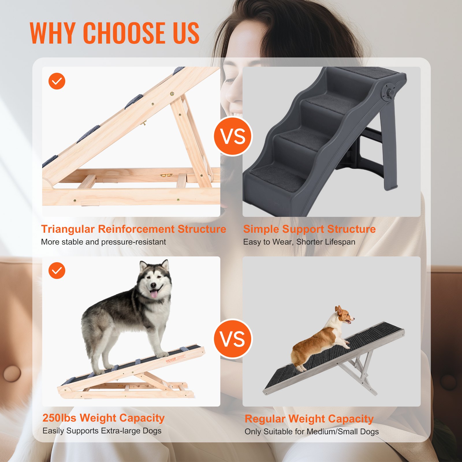 Dog Ramp, Folding Pet Ramp For Bed, Adjustable Dog Ramp For Small, Large, Old Dogs & Cats, Wooden Pet Ramp With 41.3' Long Ramp, Adjustable From 13.77' To 25.59', Suitable For Couch, Sofa, Ca