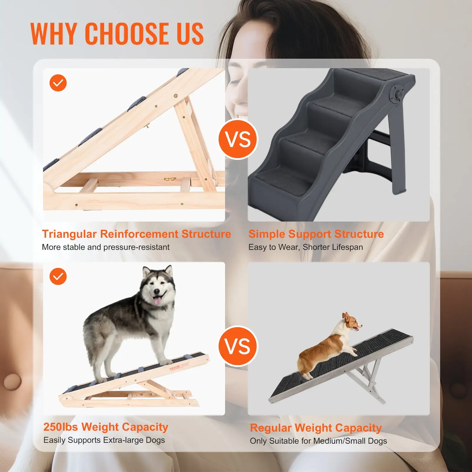 Dog Ramp, Folding Pet Ramp For Bed, Adjustable Dog Ramp For Small, Large, Old Dogs & Cats, Wooden Pet Ramp With 41.3' Long Ramp, Adjustable From 13.77' To 25.59