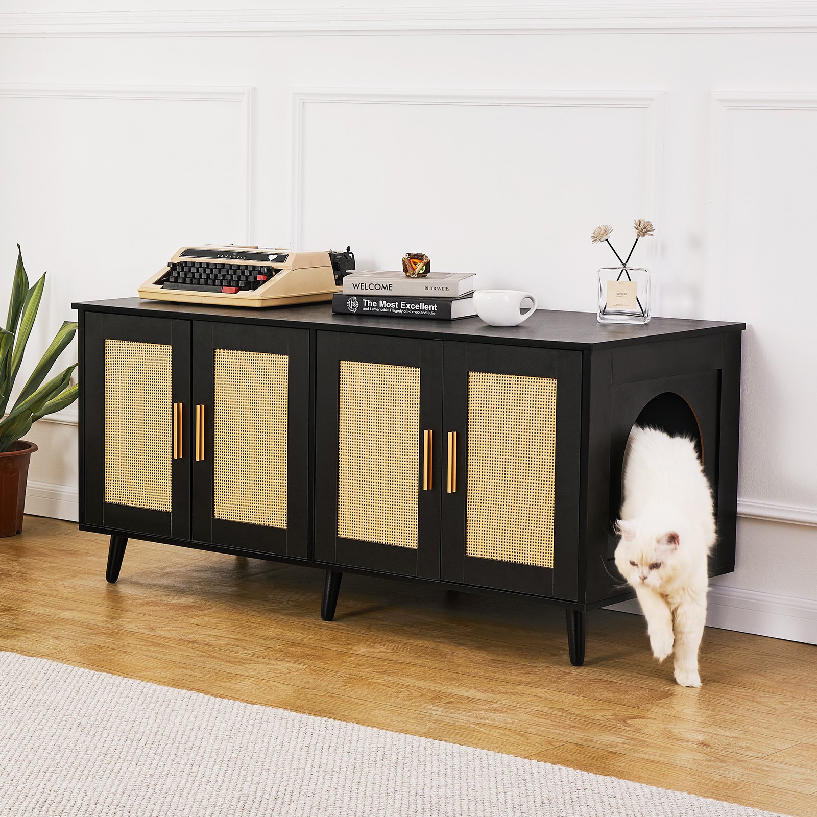 Cat Litter Box Enclosure Wooden Litter Box Furniture Hidden 2 Rooms Black Multicolor - Shop at LoveMi
