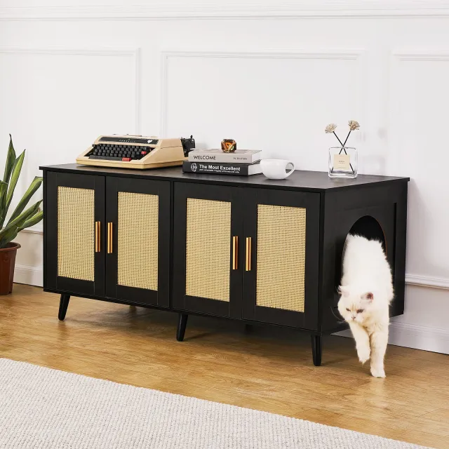 Cat Litter Box Enclosure Wooden Litter Box Furniture Hidden 2 Rooms Black Multicolor - Shop at LoveMi